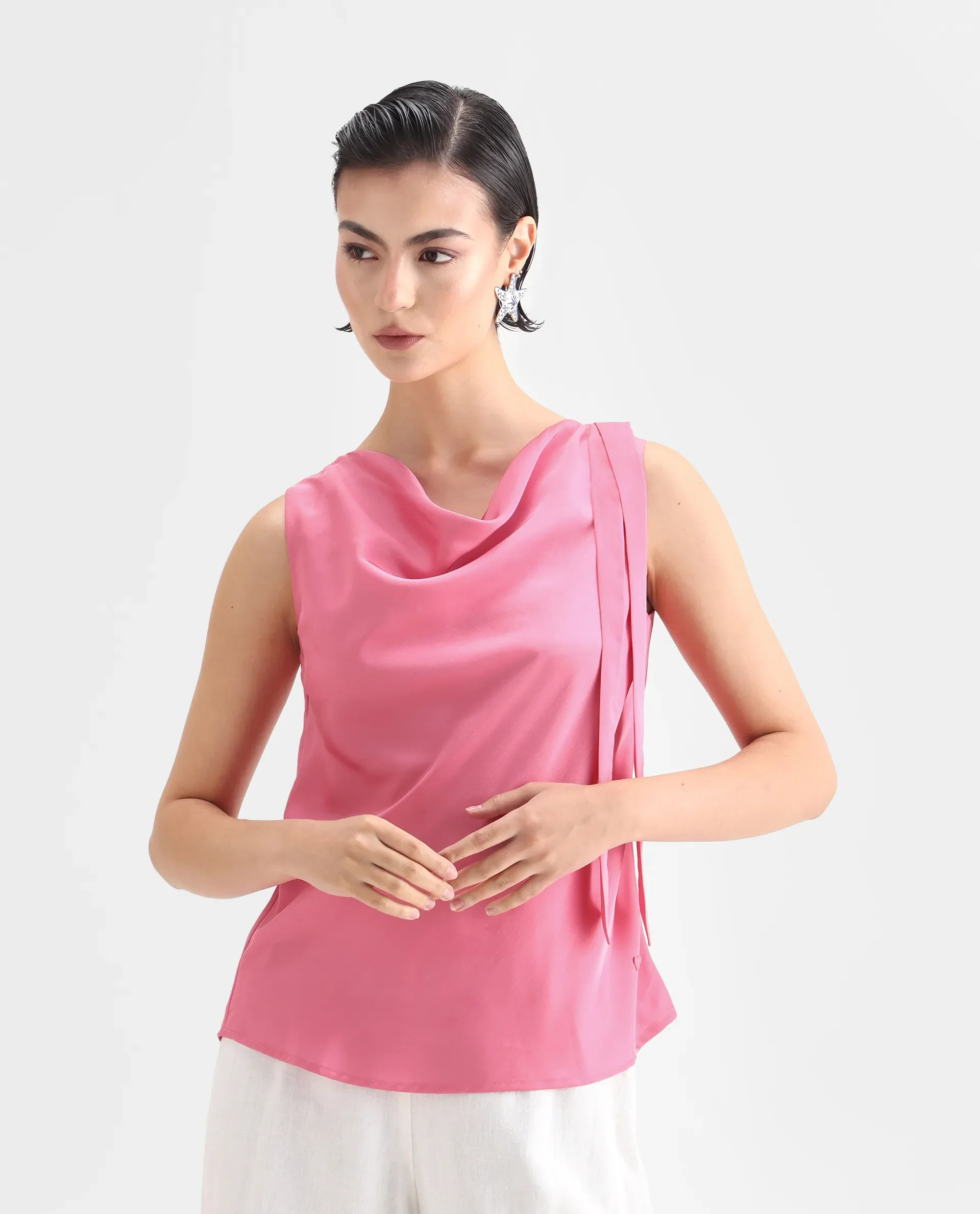 Rareism Women's Snicketti Pink Satin Cowl Neck Plain Sleeveless Regular Fit Top - Image 3