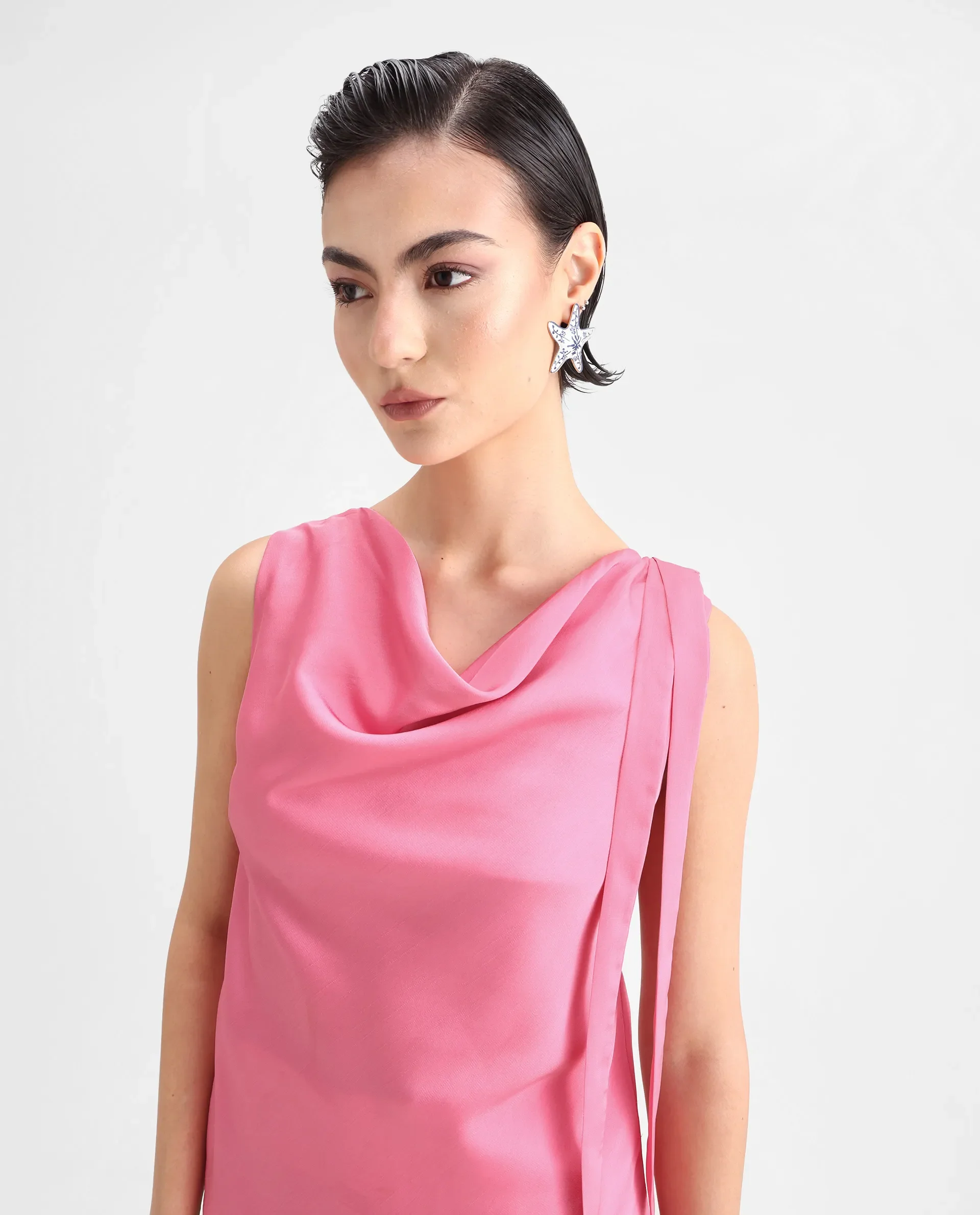 Rareism Women's Snicketti Pink Satin Cowl Neck Plain Sleeveless Regular Fit Top - Image 4