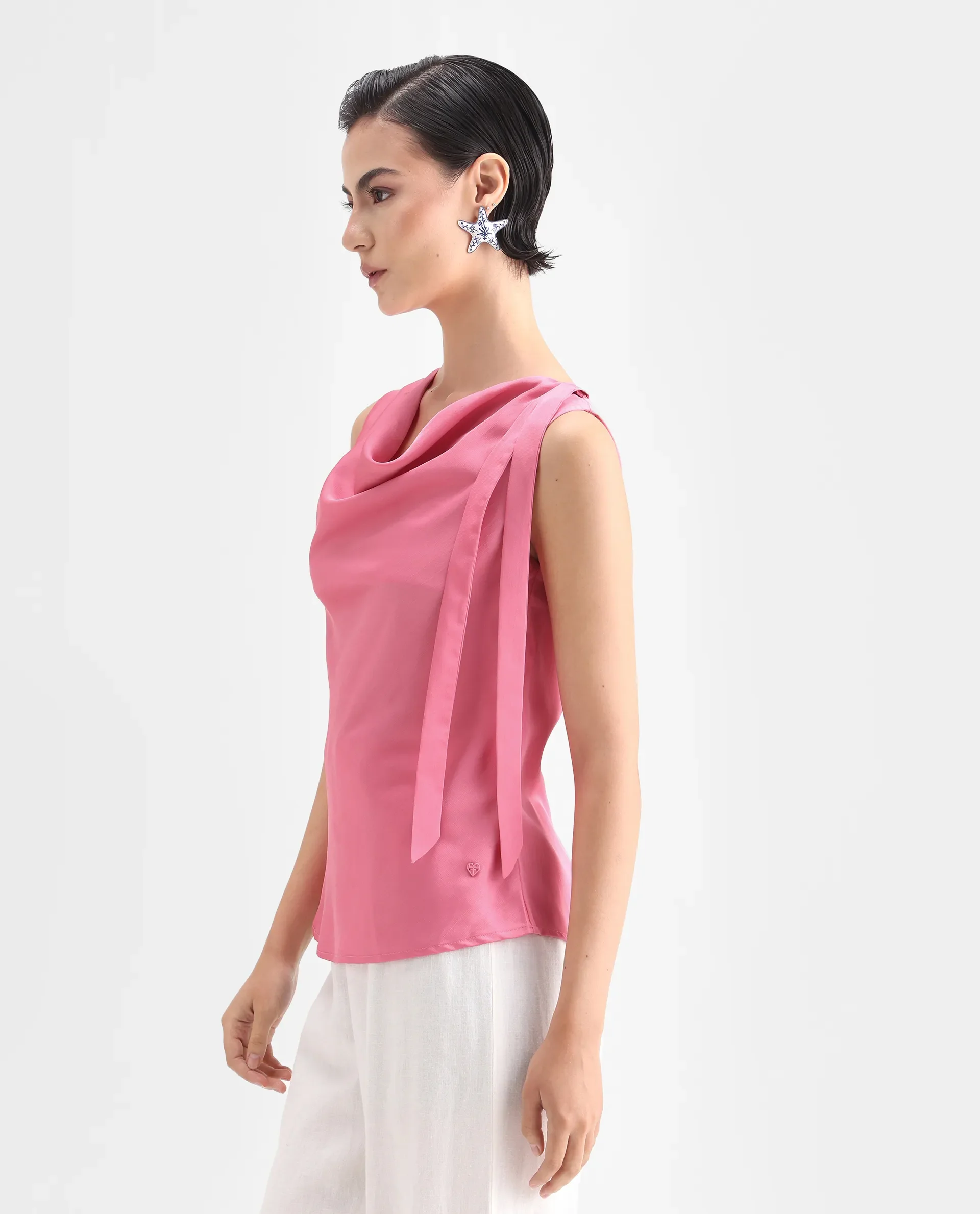 Rareism Women's Snicketti Pink Satin Cowl Neck Plain Sleeveless Regular Fit Top - Image 5