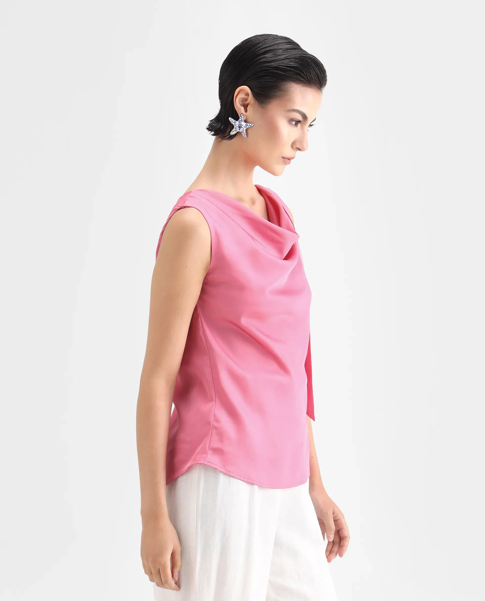 Rareism Women's Snicketti Pink Satin Cowl Neck Plain Sleeveless Regular Fit Top - Image 6