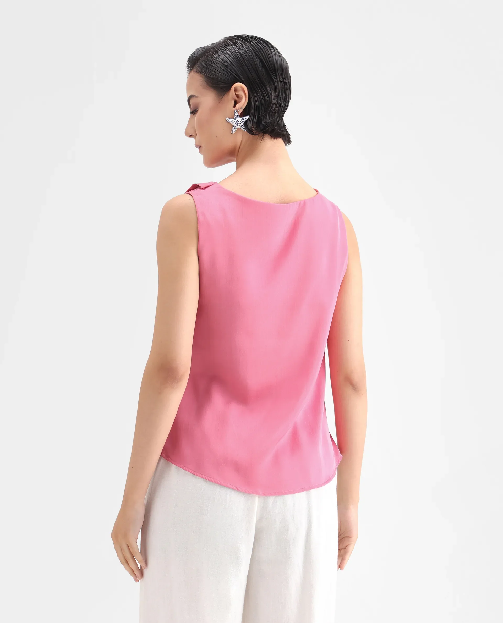 Rareism Women's Snicketti Pink Satin Cowl Neck Plain Sleeveless Regular Fit Top - Image 7