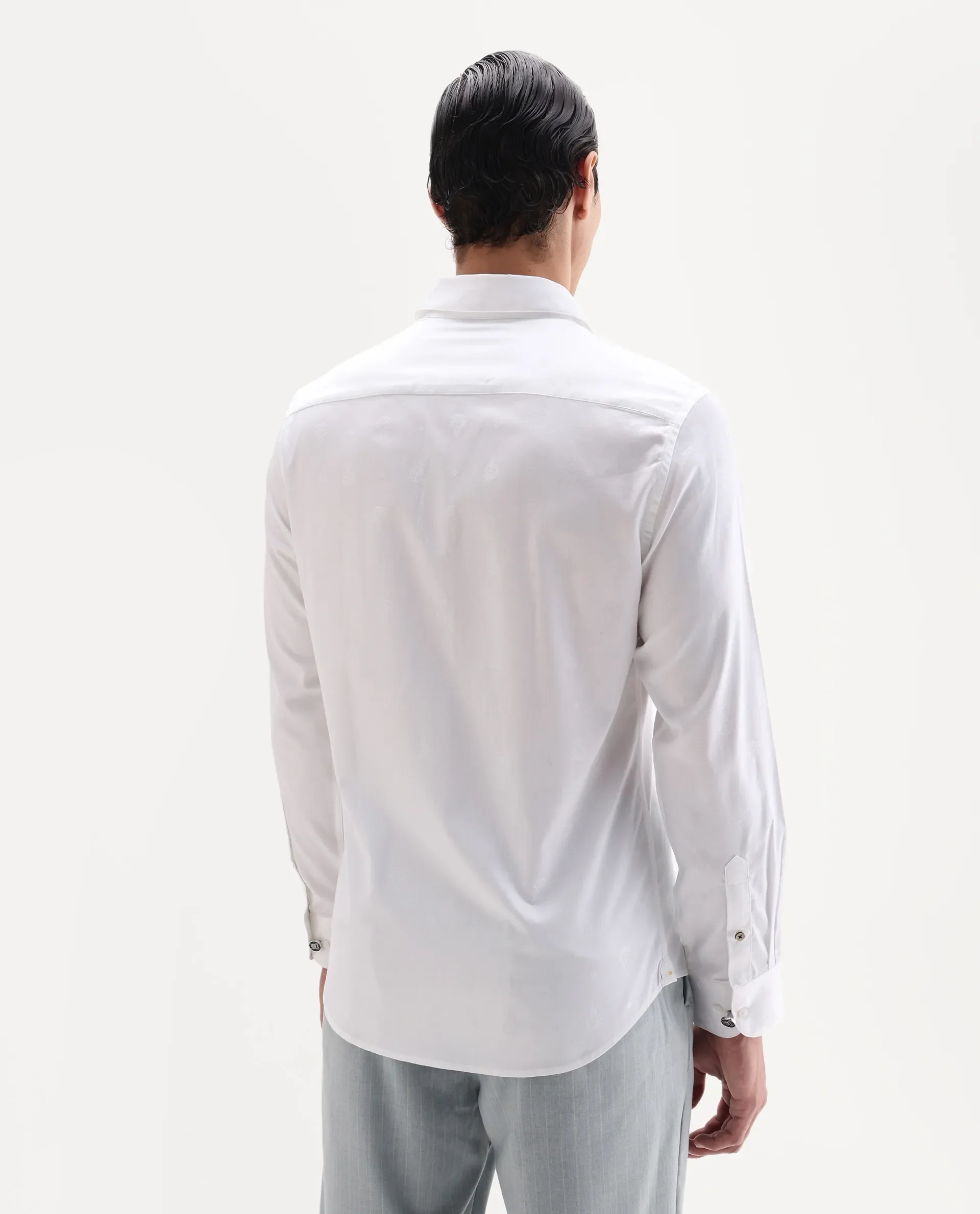 Rare Rabbit Men's Snow-25 White Cotton Fabric Spread Collar Regular Fit Jacquard Shirt - Image 6