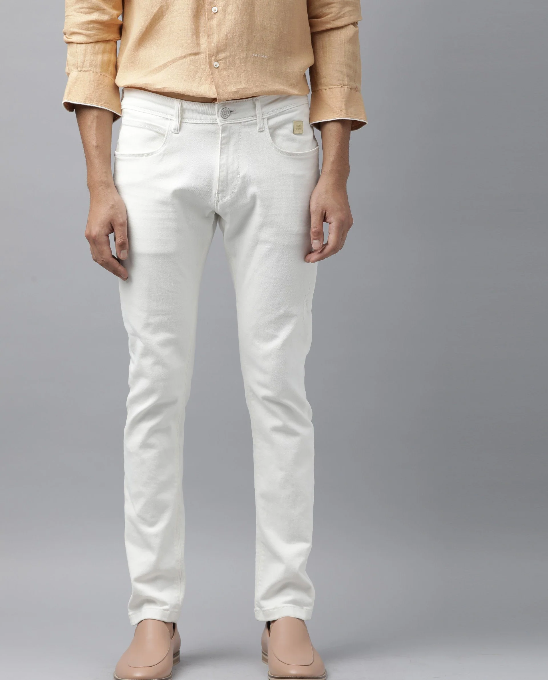Rare Rabbit Men's Snow White Cotton Plain Morris Regular Fit Jeans