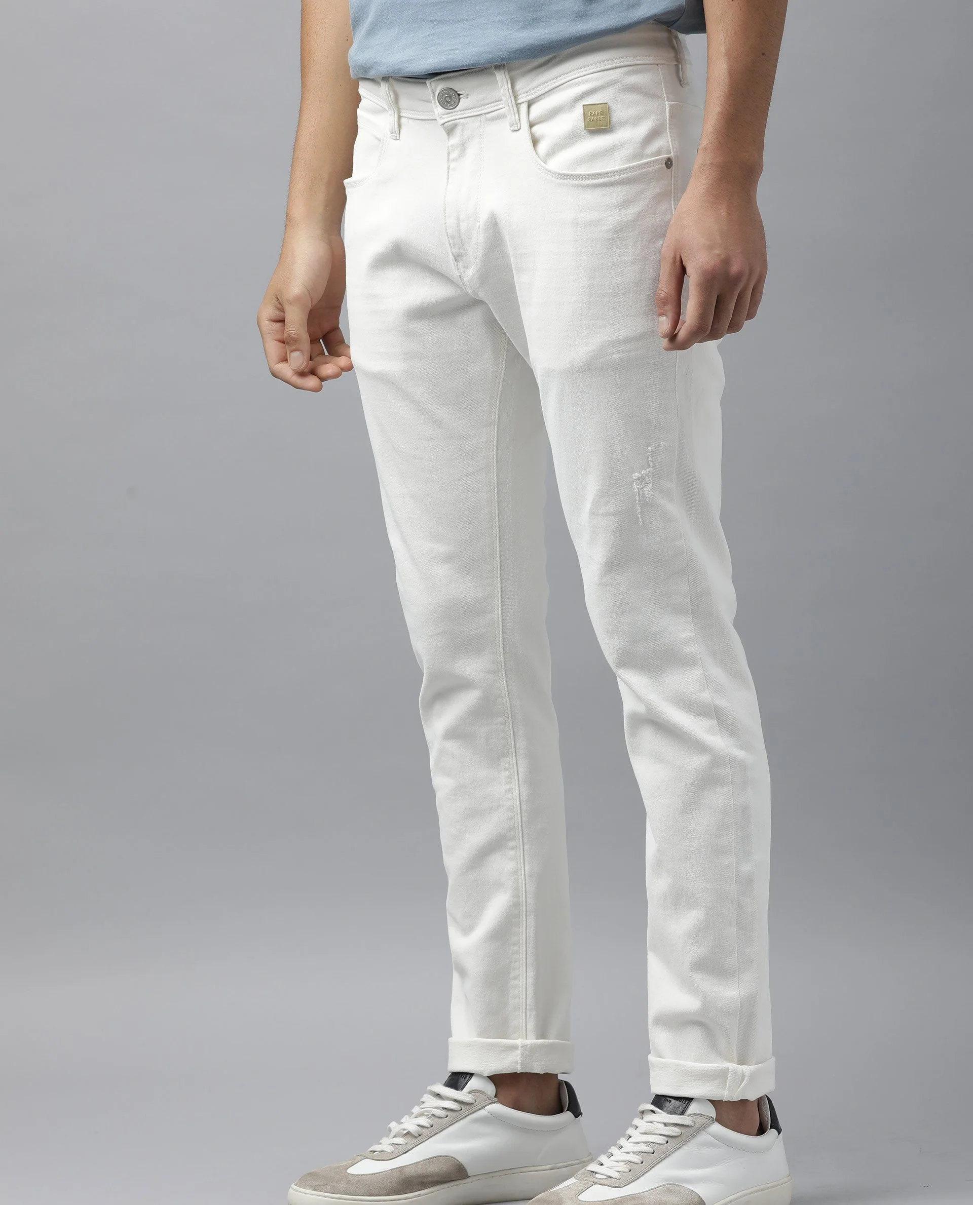 Rare Rabbit Men's Snow White Cotton Plain Morris Regular Fit Jeans - Image 6