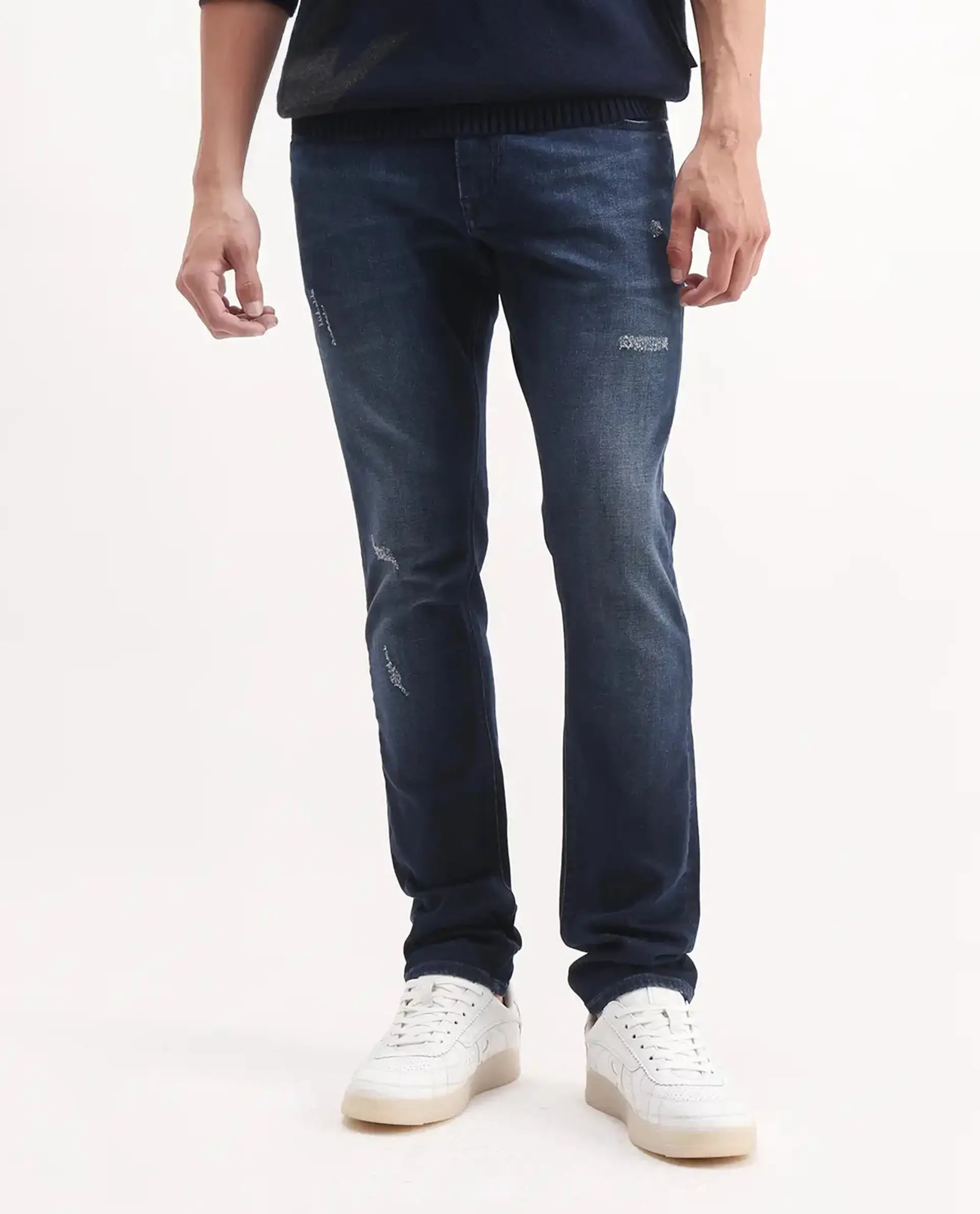 Rare Rabbit Men's Snugh Navy Cotton Blend Plain Hawk Slim Fit Jeans - Image 10