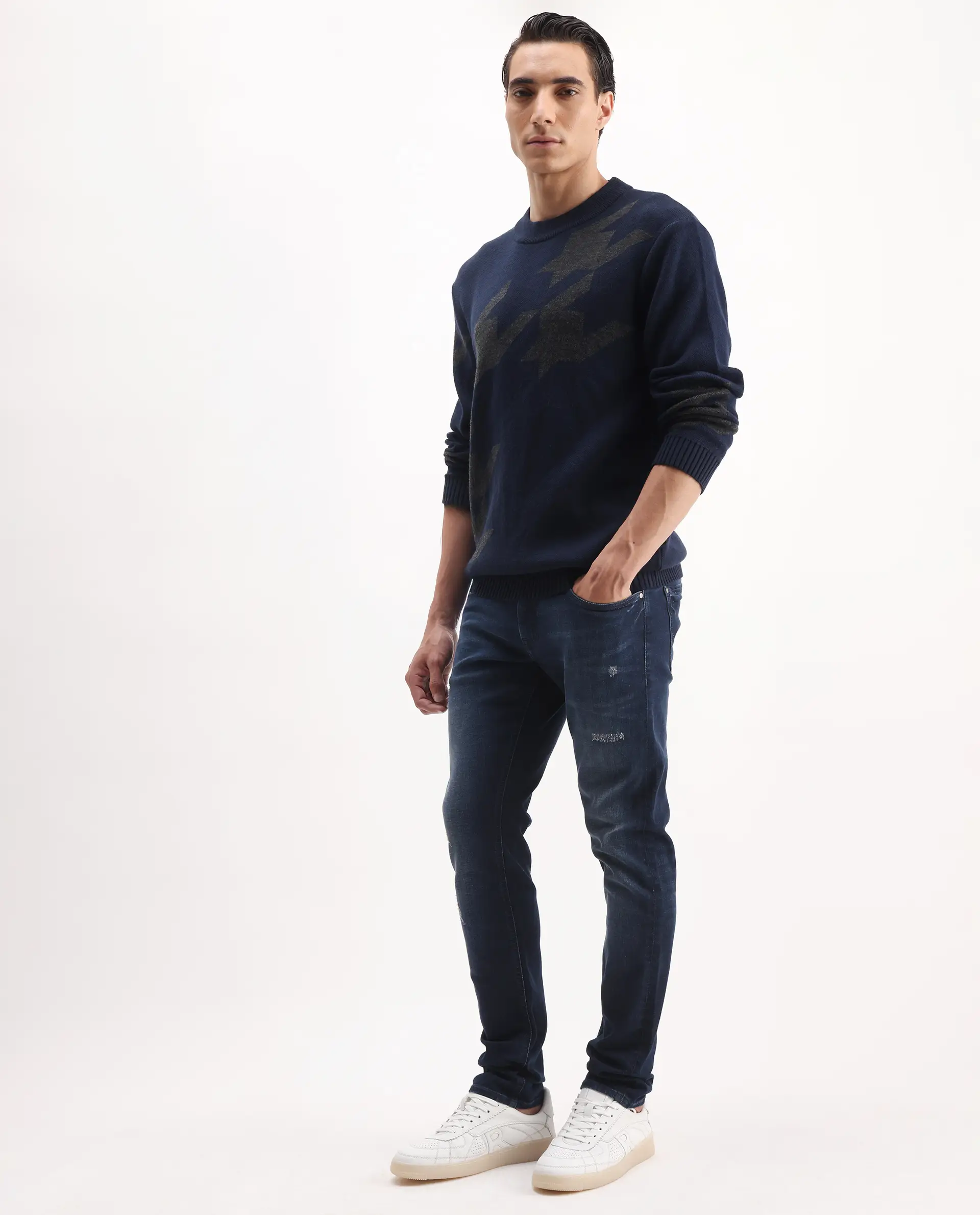 Rare Rabbit Men's Snugh Navy Cotton Blend Plain Hawk Slim Fit Jeans - Image 5