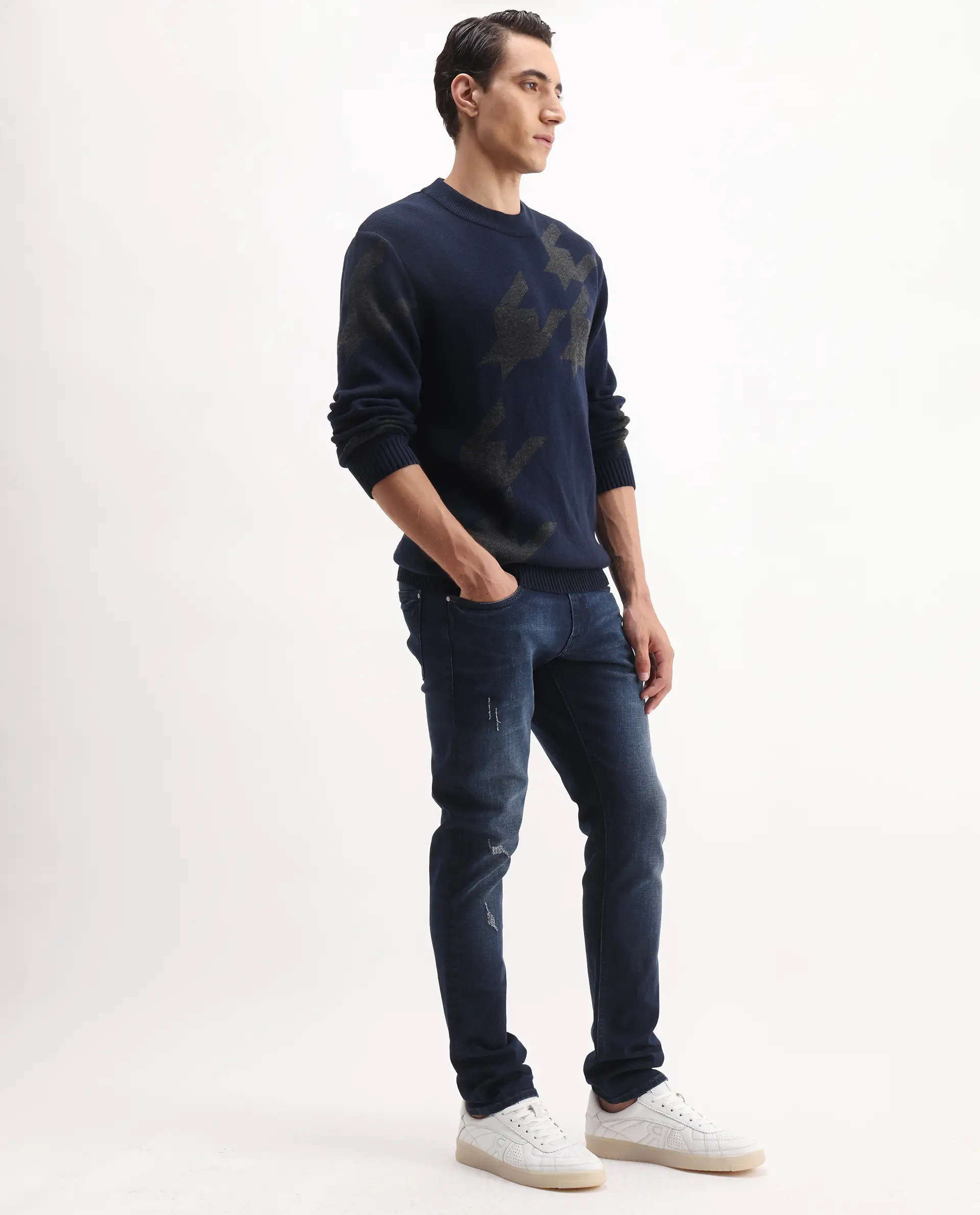 Rare Rabbit Men's Snugh Navy Cotton Blend Plain Hawk Slim Fit Jeans - Image 7
