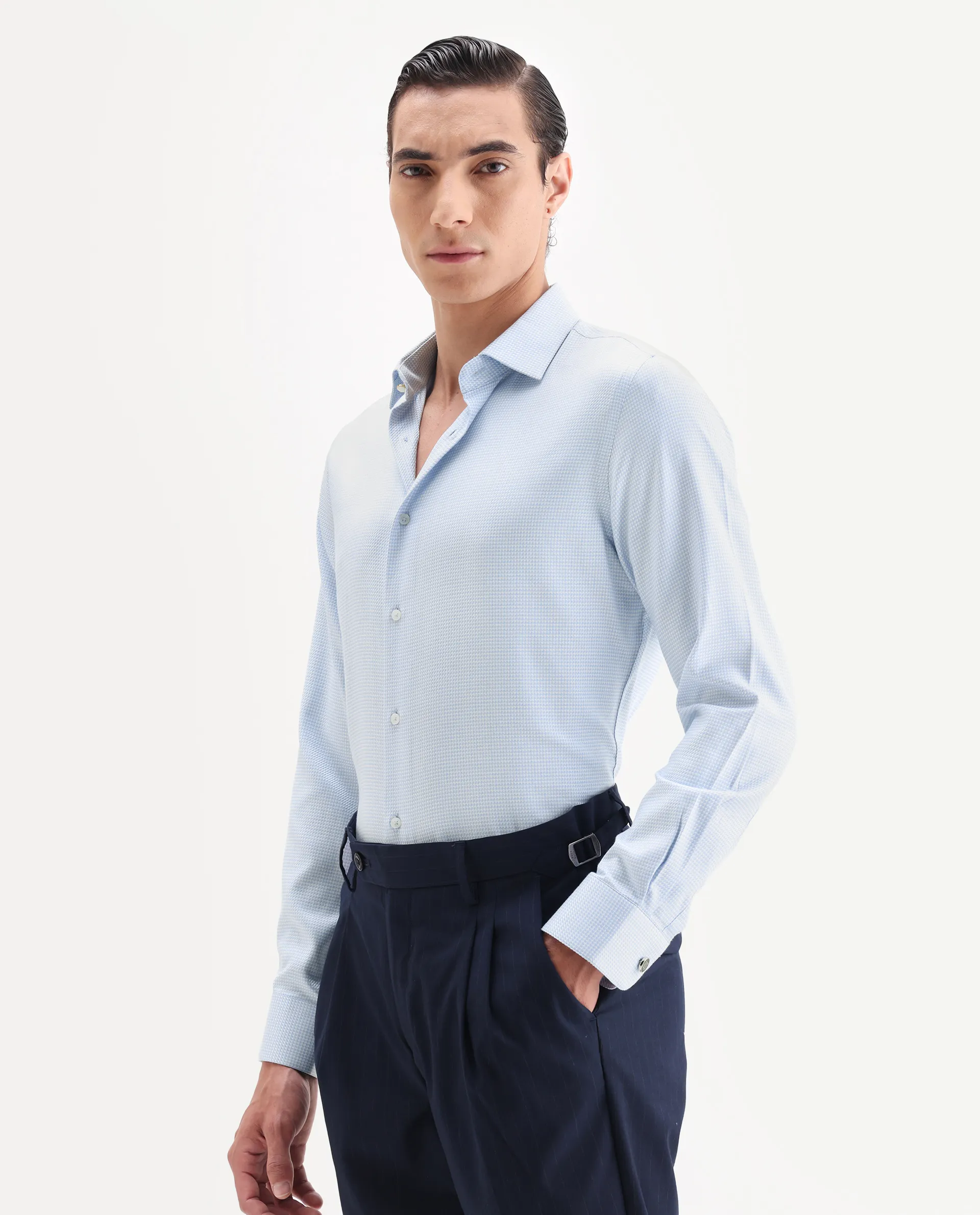 Rare Rabbit Men's Socs Blue Cotton Fabric Full Sleeve Regular Fit Jacquard Shirt - Image 3