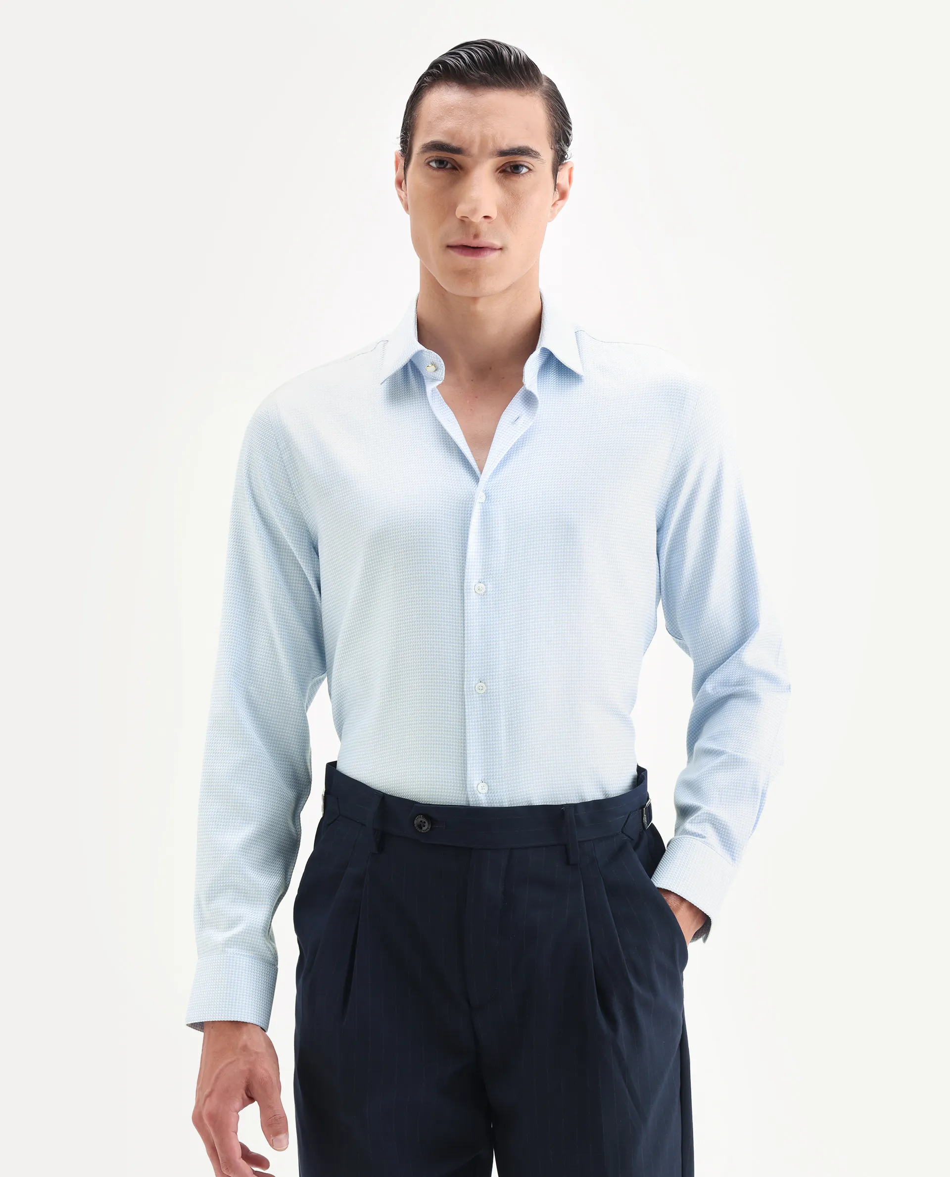 Rare Rabbit Men's Socs Blue Cotton Fabric Full Sleeve Regular Fit Jacquard Shirt - Image 4
