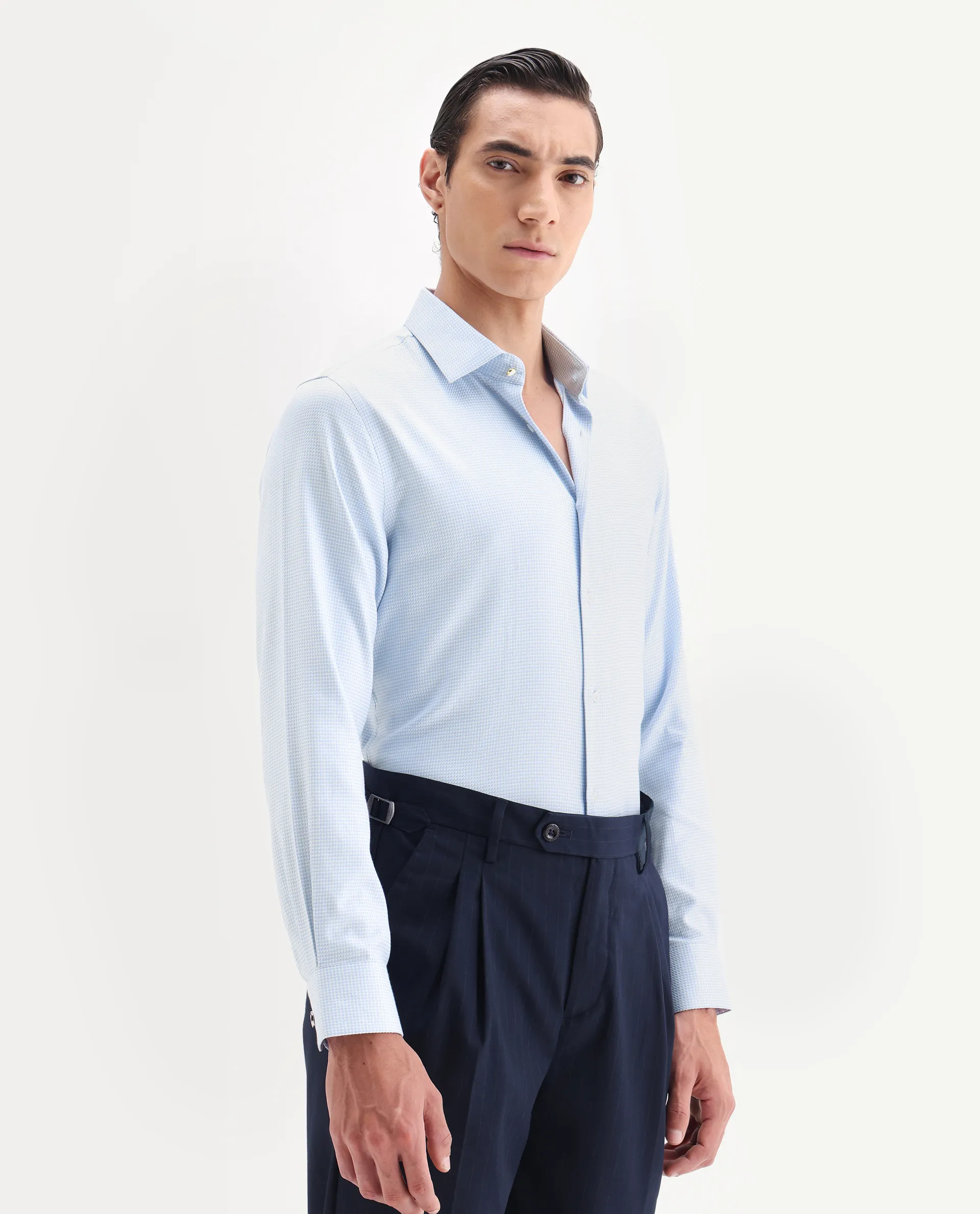 Rare Rabbit Men's Socs Blue Cotton Fabric Full Sleeve Regular Fit Jacquard Shirt - Image 5