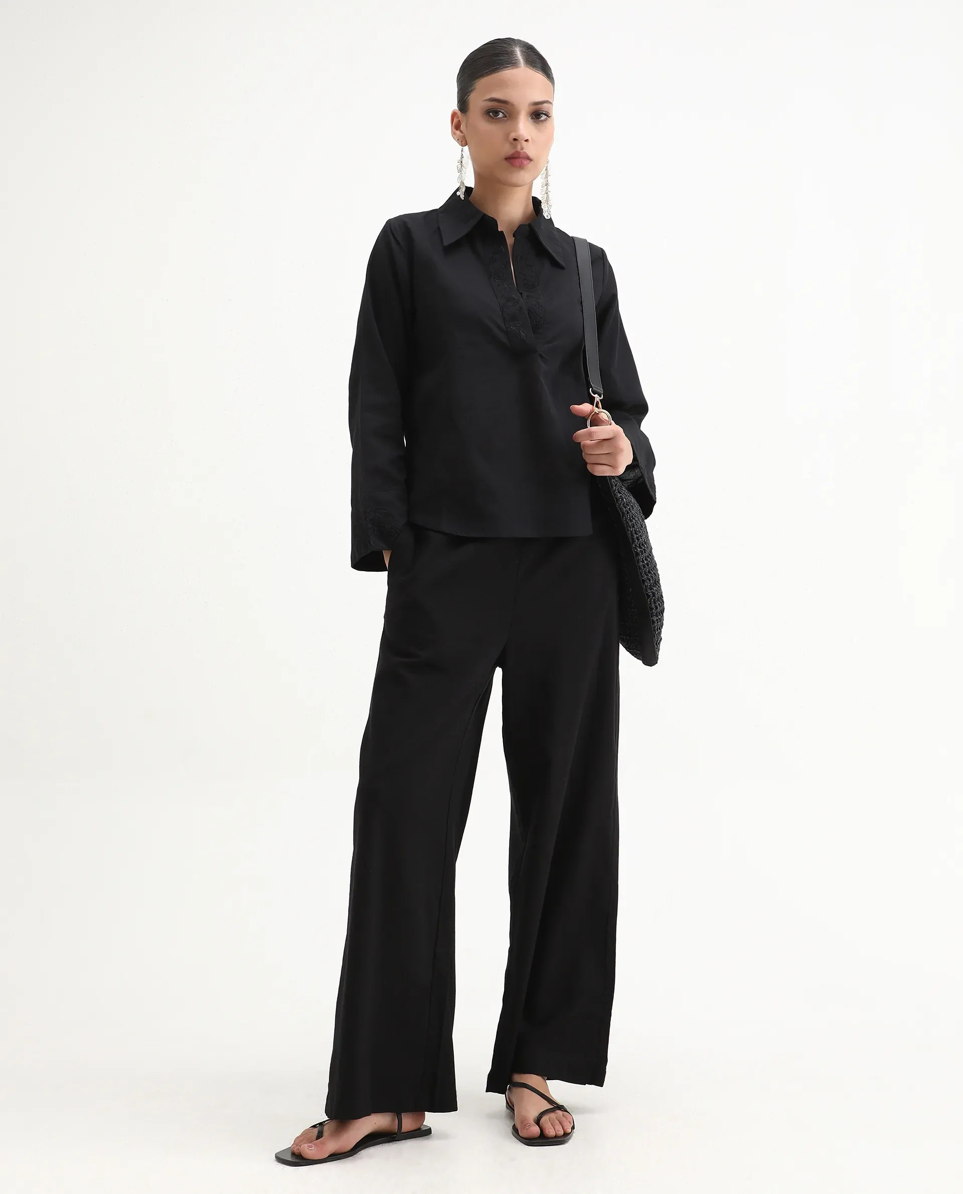 Rareism Women's Sofian Black Cotton Blend Drop Collar Plain Bell Sleeve Relaxed Fit Top - Image 2