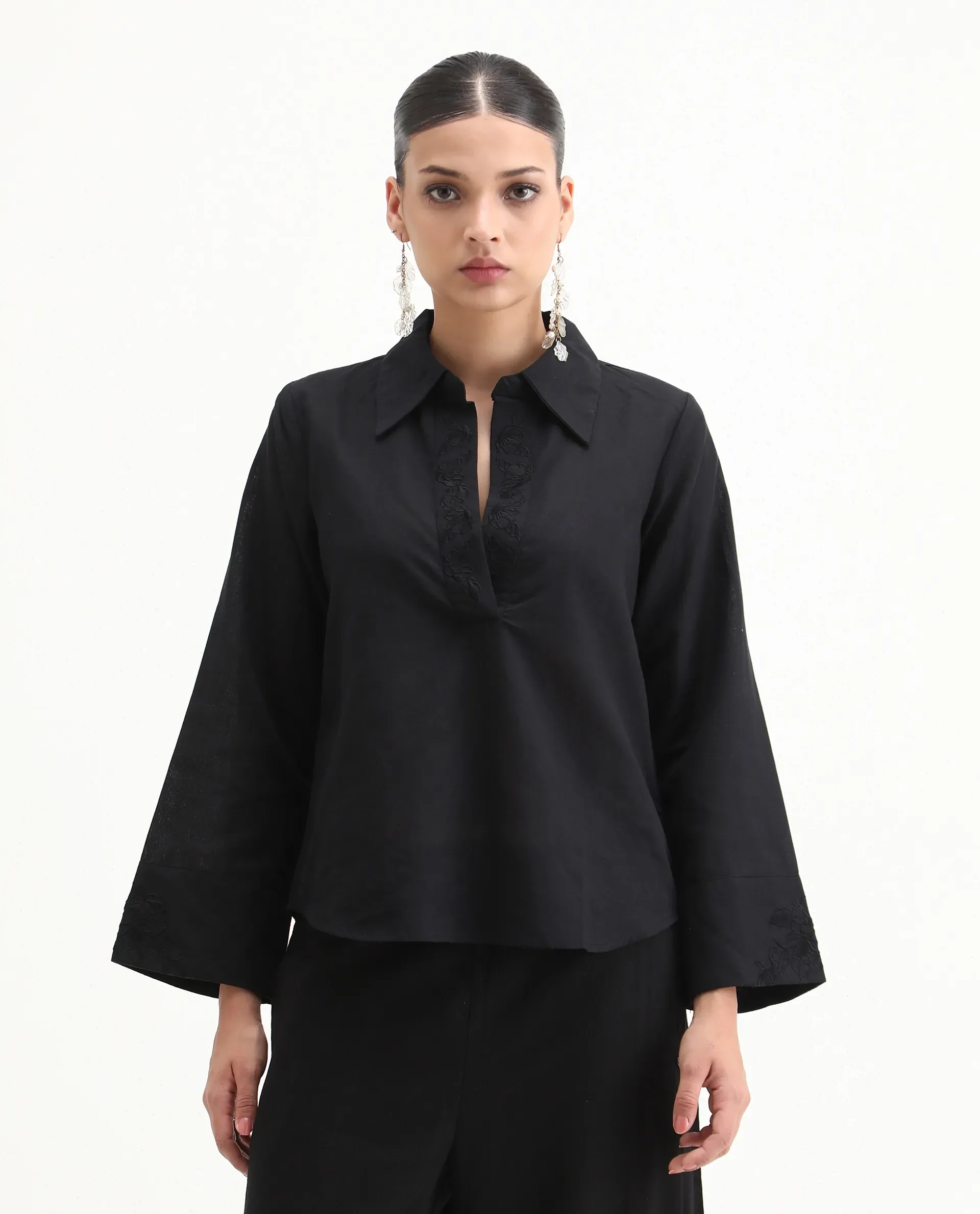 Rareism Women's Sofian Black Cotton Blend Drop Collar Plain Bell Sleeve Relaxed Fit Top - Image 4