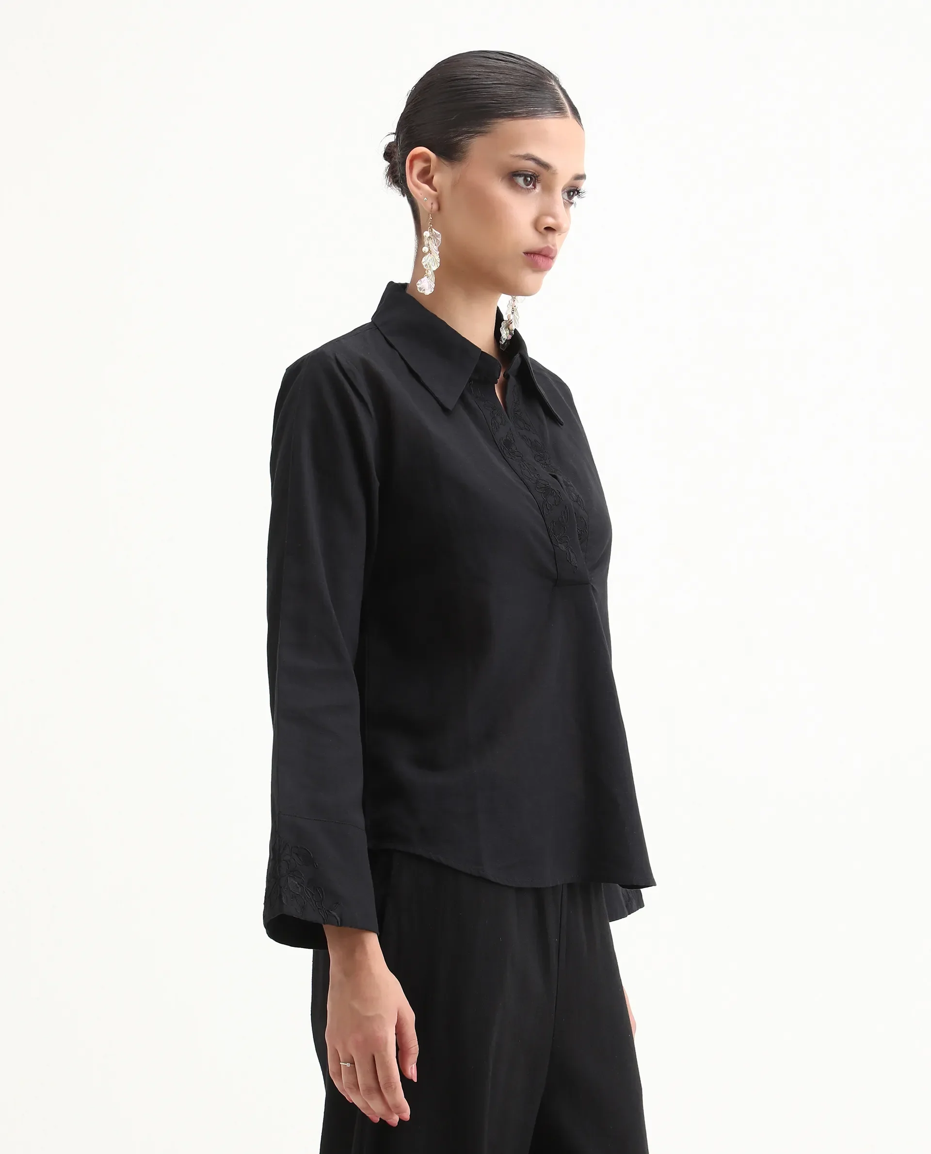 Rareism Women's Sofian Black Cotton Blend Drop Collar Plain Bell Sleeve Relaxed Fit Top - Image 5