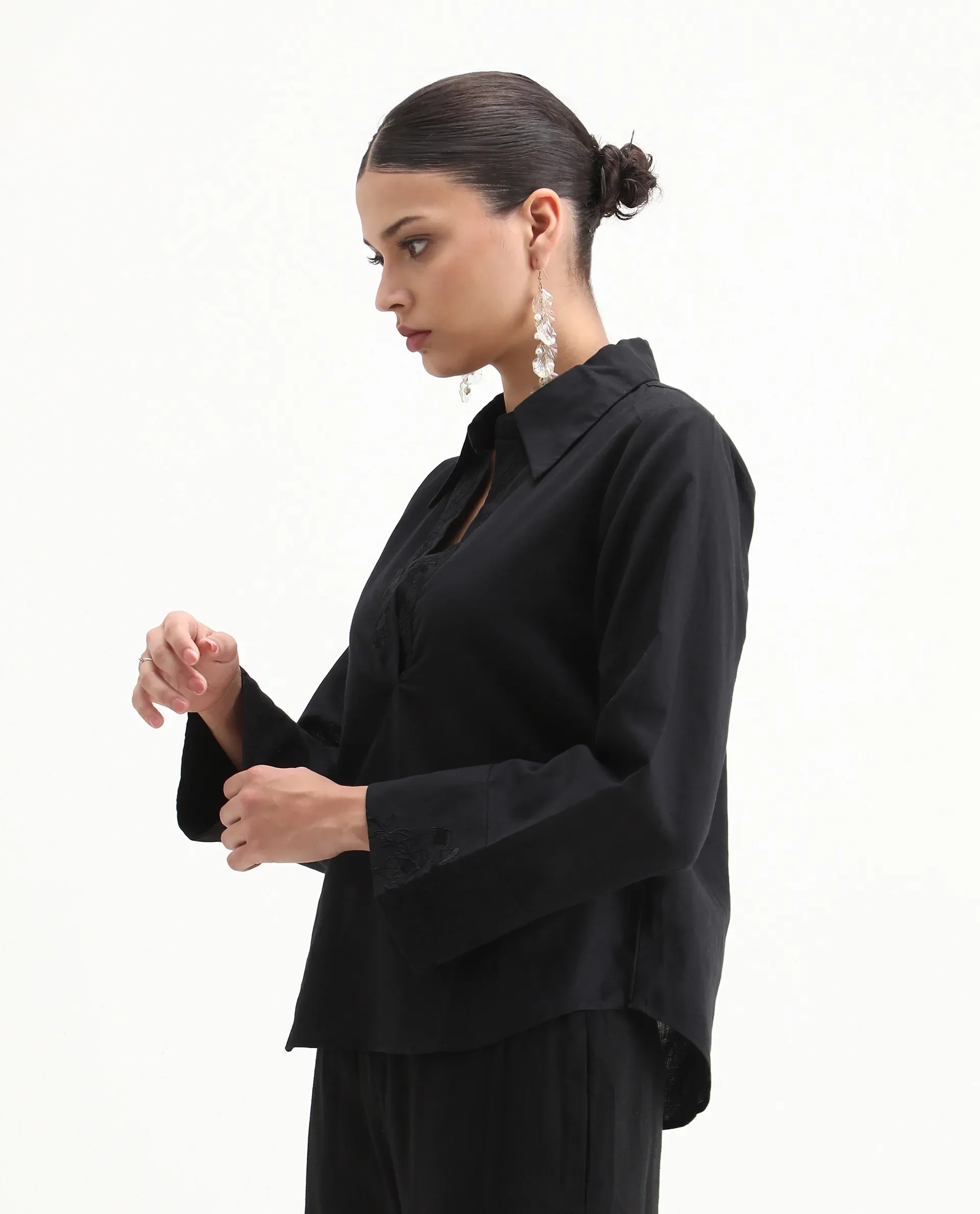 Rareism Women's Sofian Black Cotton Blend Drop Collar Plain Bell Sleeve Relaxed Fit Top - Image 6