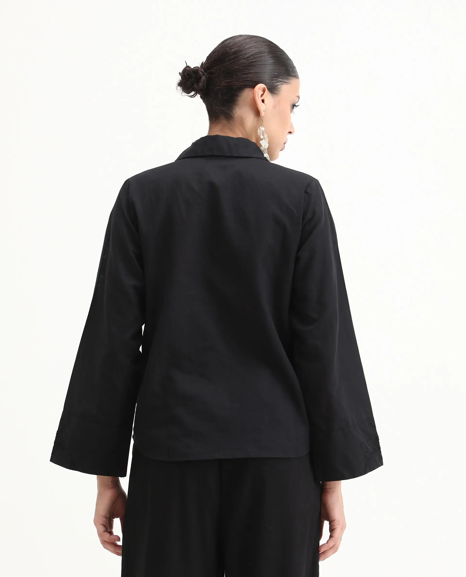 Rareism Women's Sofian Black Cotton Blend Drop Collar Plain Bell Sleeve Relaxed Fit Top - Image 7