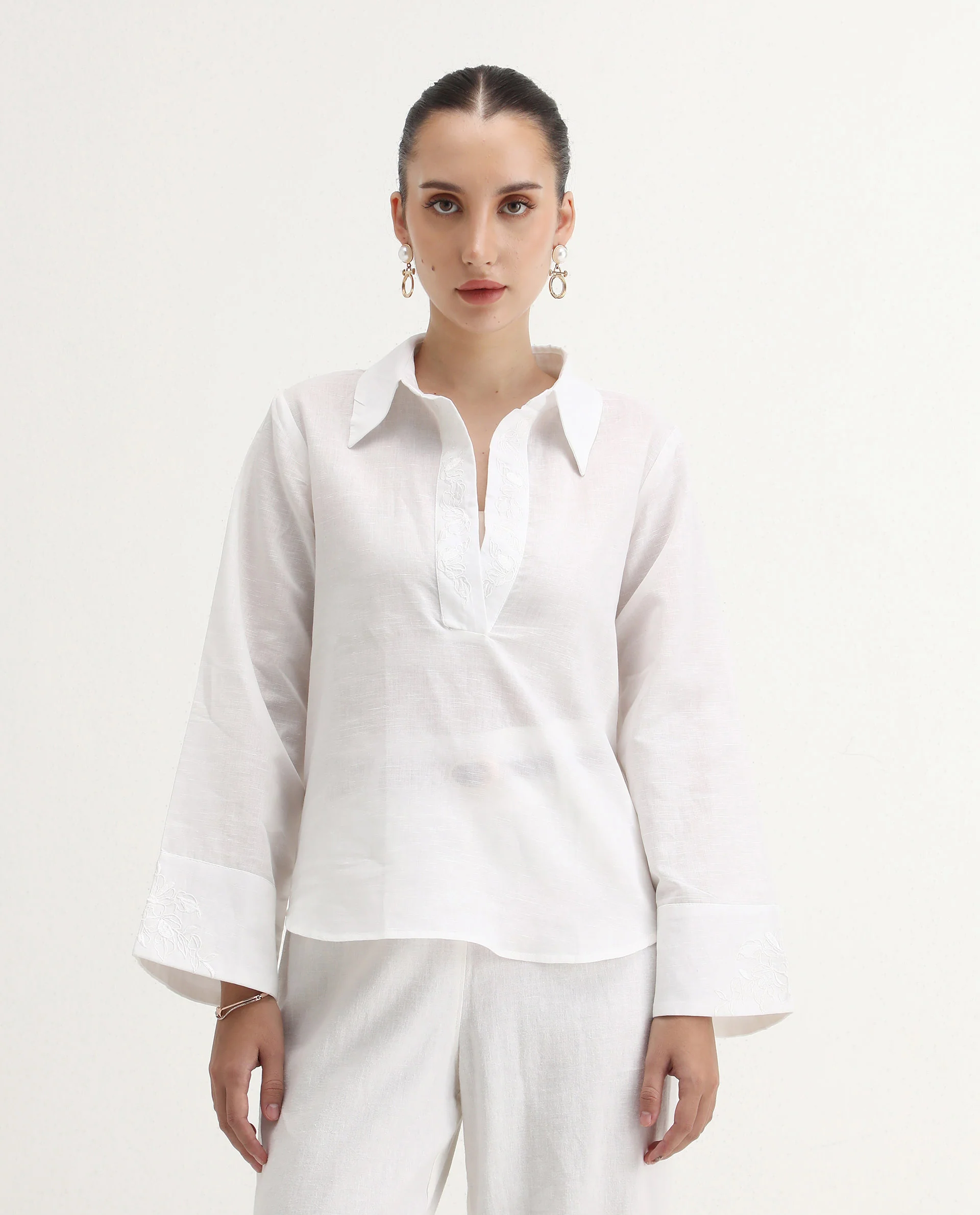 Rareism Women's Sofian White Cotton Blend Spread Collar Plain Bell Sleeve Relaxed Fit Top - Image 2