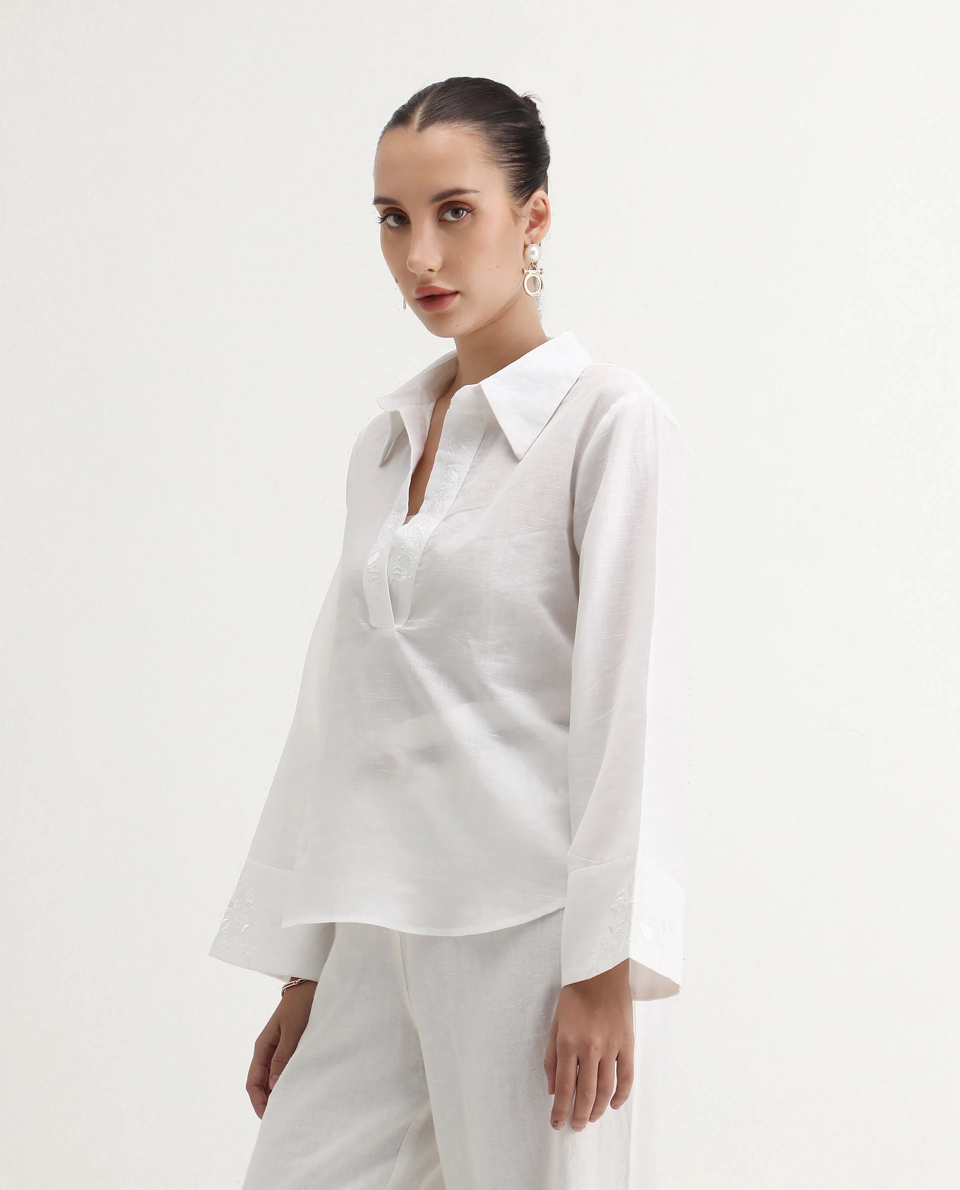 Rareism Women's Sofian White Cotton Blend Spread Collar Plain Bell Sleeve Relaxed Fit Top - Image 5