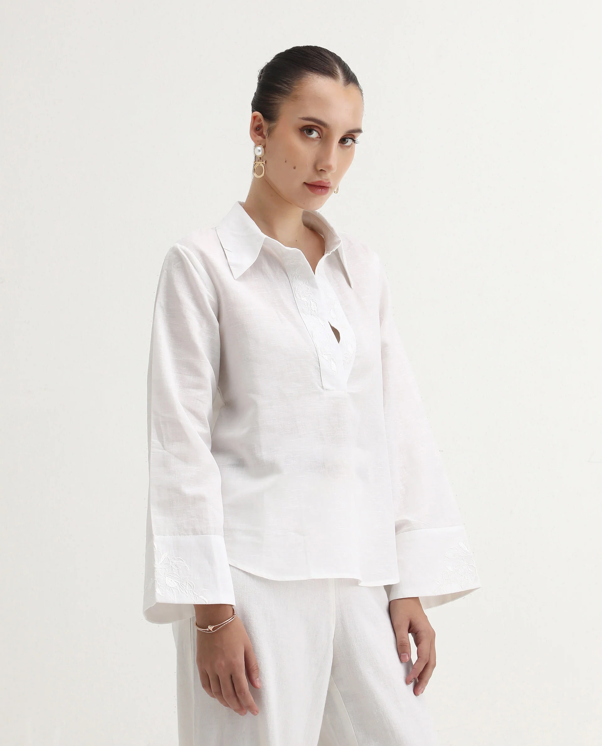 Rareism Women's Sofian White Cotton Blend Spread Collar Plain Bell Sleeve Relaxed Fit Top - Image 6