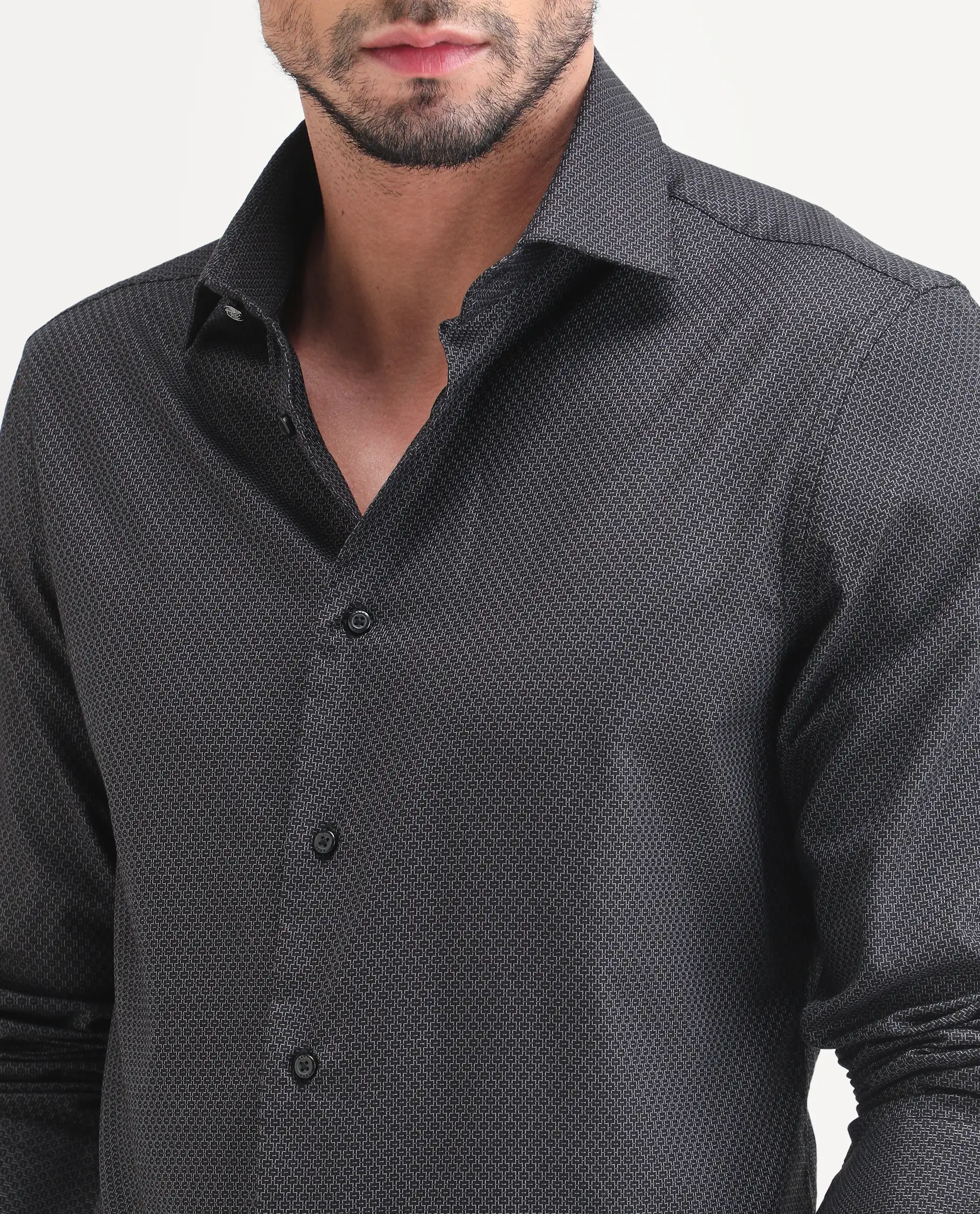 Rare Rabbit Men's Soga Black Cotton Fabric Full Sleeve Spread Collar Button Regular Geometric Print Shirt - Image 3
