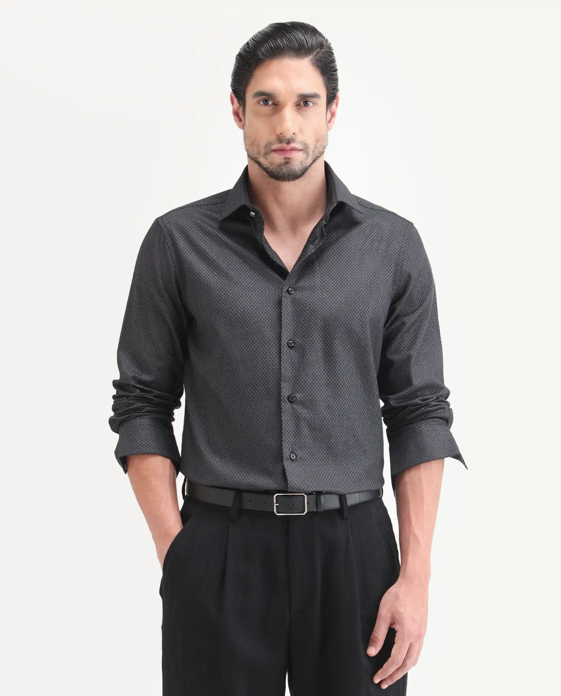 Rare Rabbit Men's Soga Black Cotton Fabric Full Sleeve Spread Collar Button Regular Geometric Print Shirt - Image 4