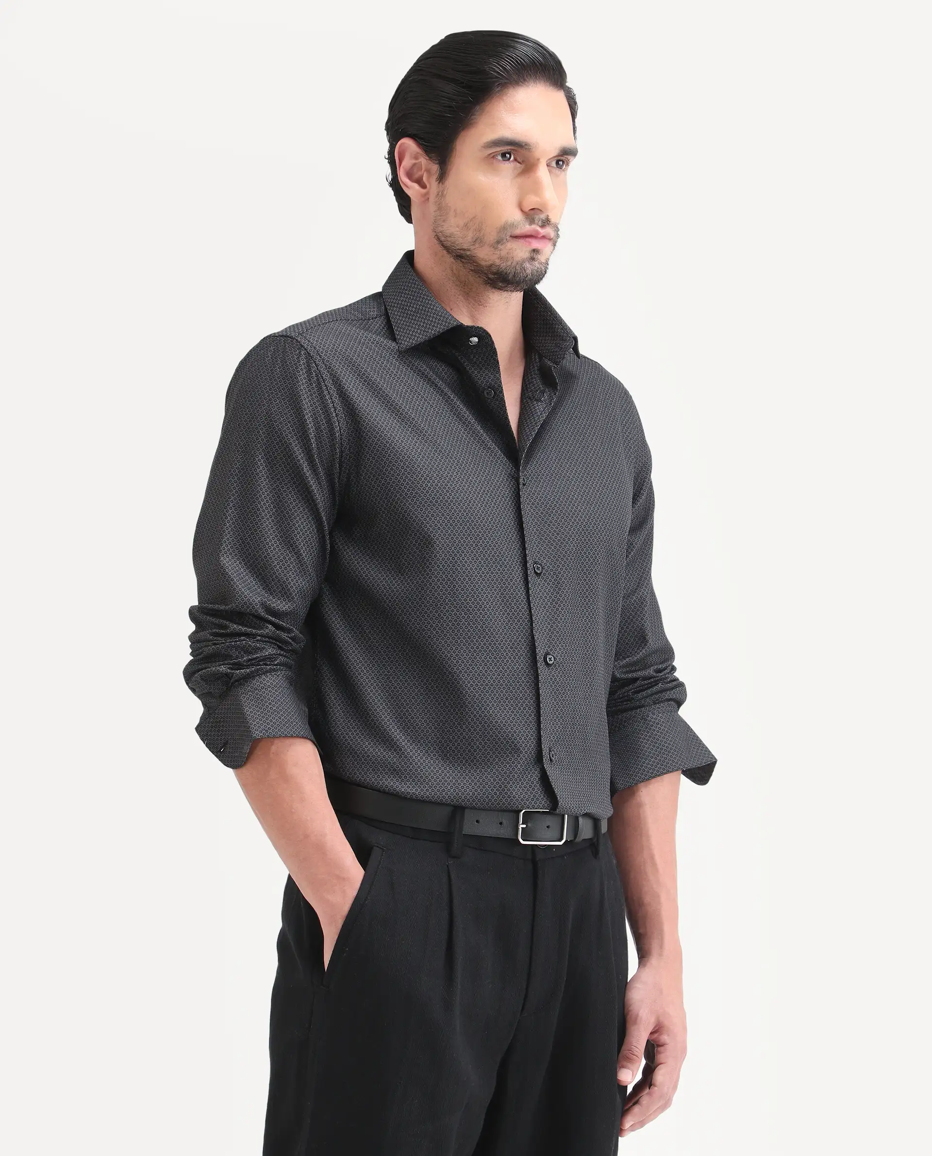 Rare Rabbit Men's Soga Black Cotton Fabric Full Sleeve Spread Collar Button Regular Geometric Print Shirt - Image 5
