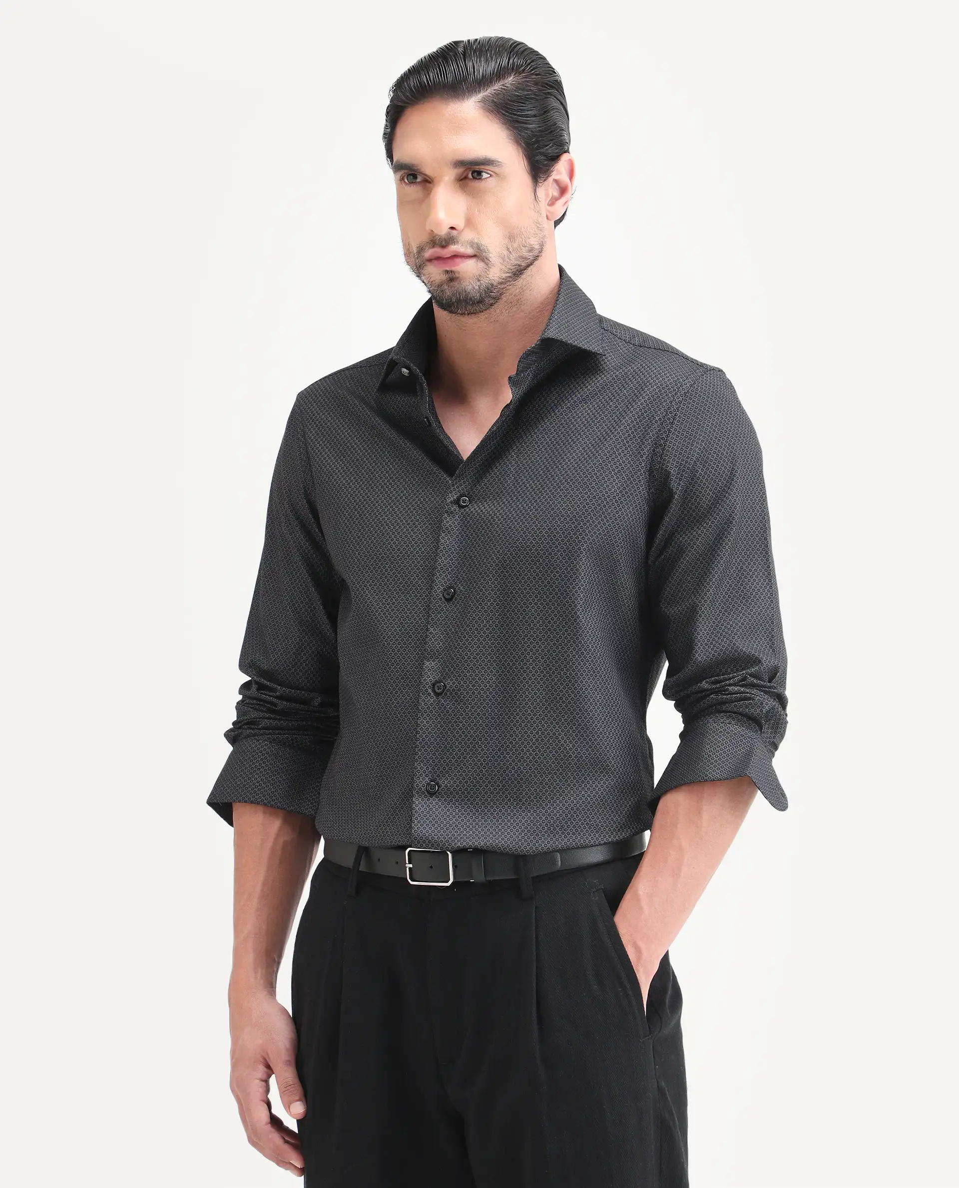 Rare Rabbit Men's Soga Black Cotton Fabric Full Sleeve Spread Collar Button Regular Geometric Print Shirt - Image 6