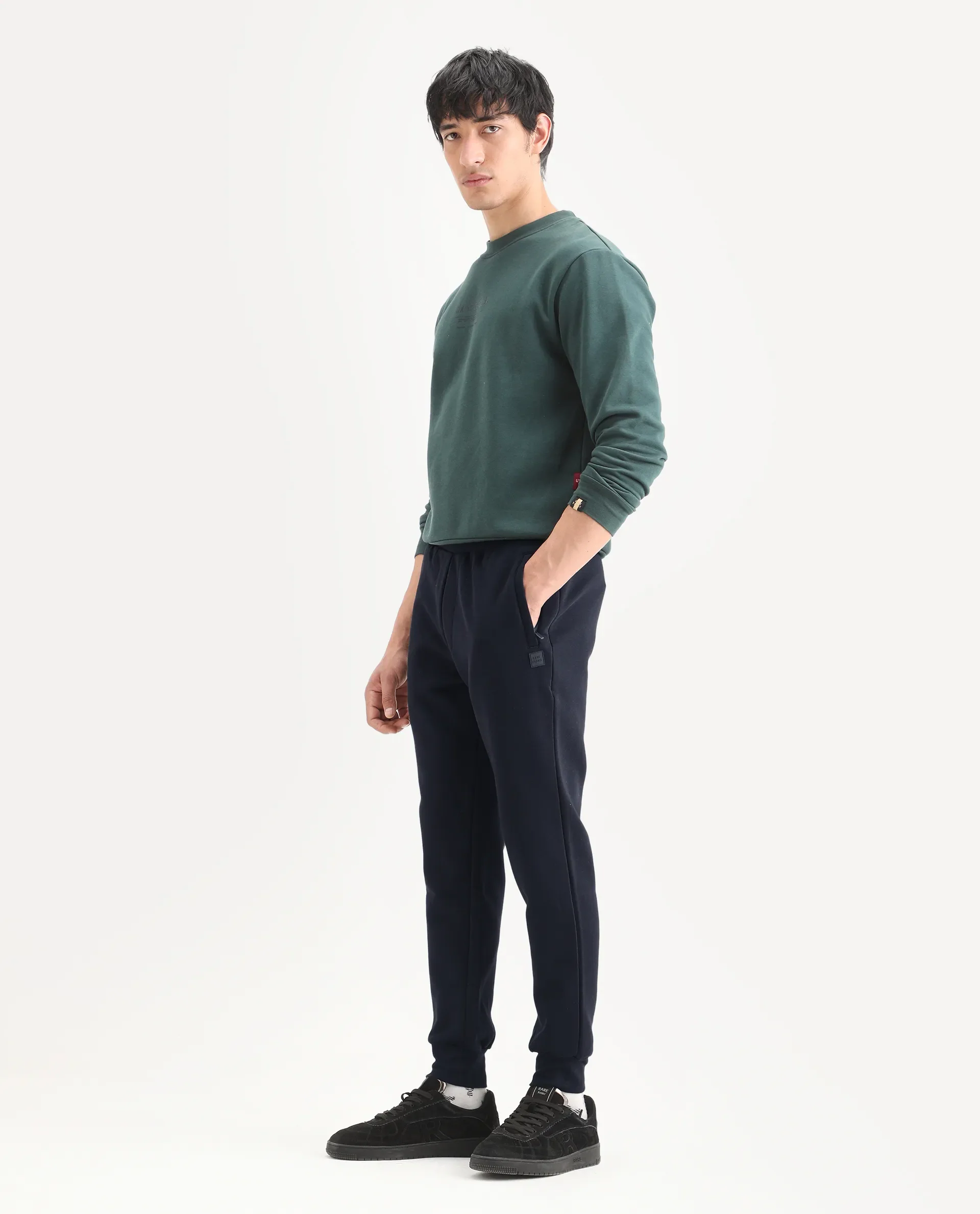 Rare Rabbit Men's Soho Navy Cotton Plain Regular Fit Joggers - Image 6