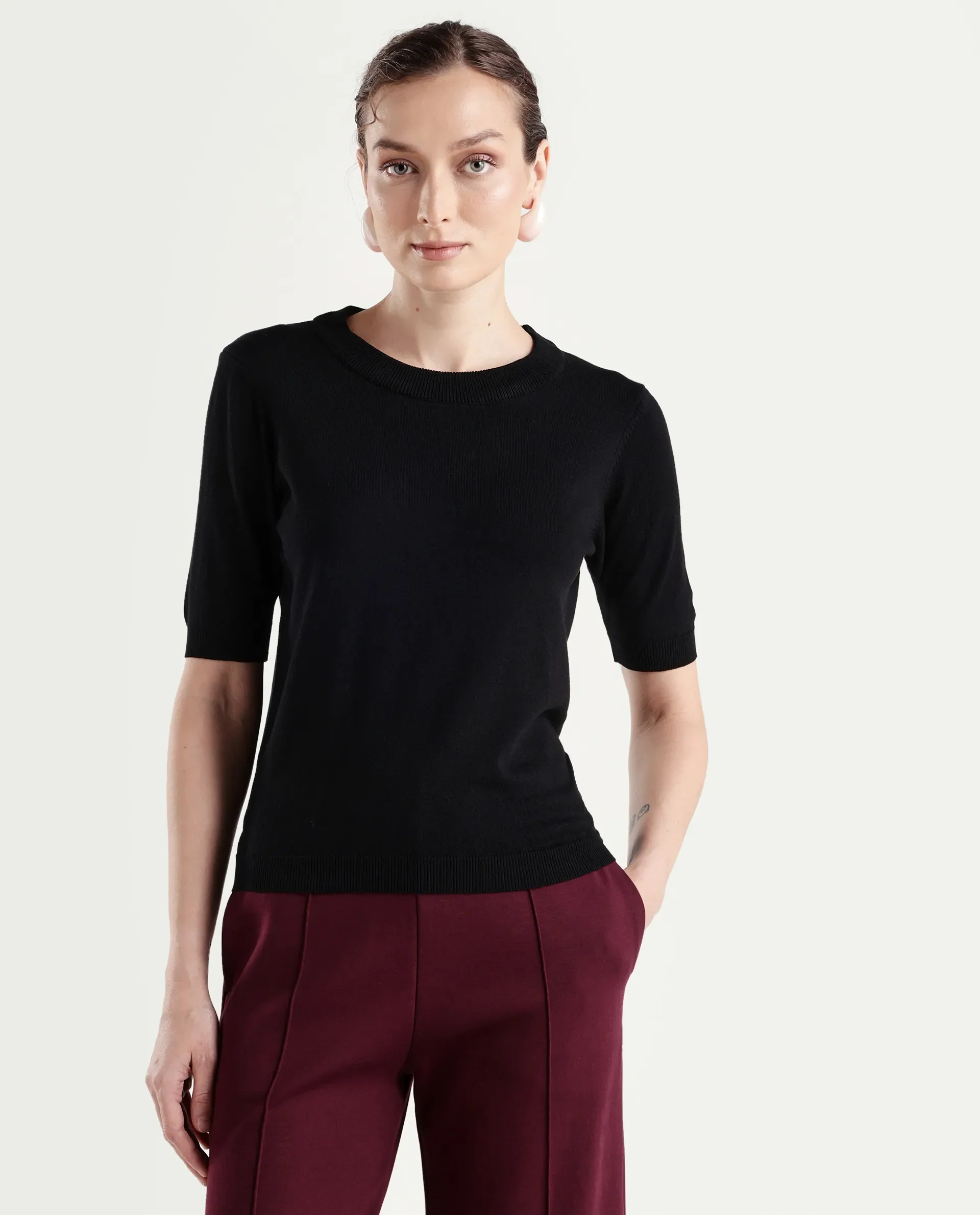Rareism Women's Sohrdo Black Nylon Blend Half Sleeve Crew Neck Regular Fit Plain Top - Image 3