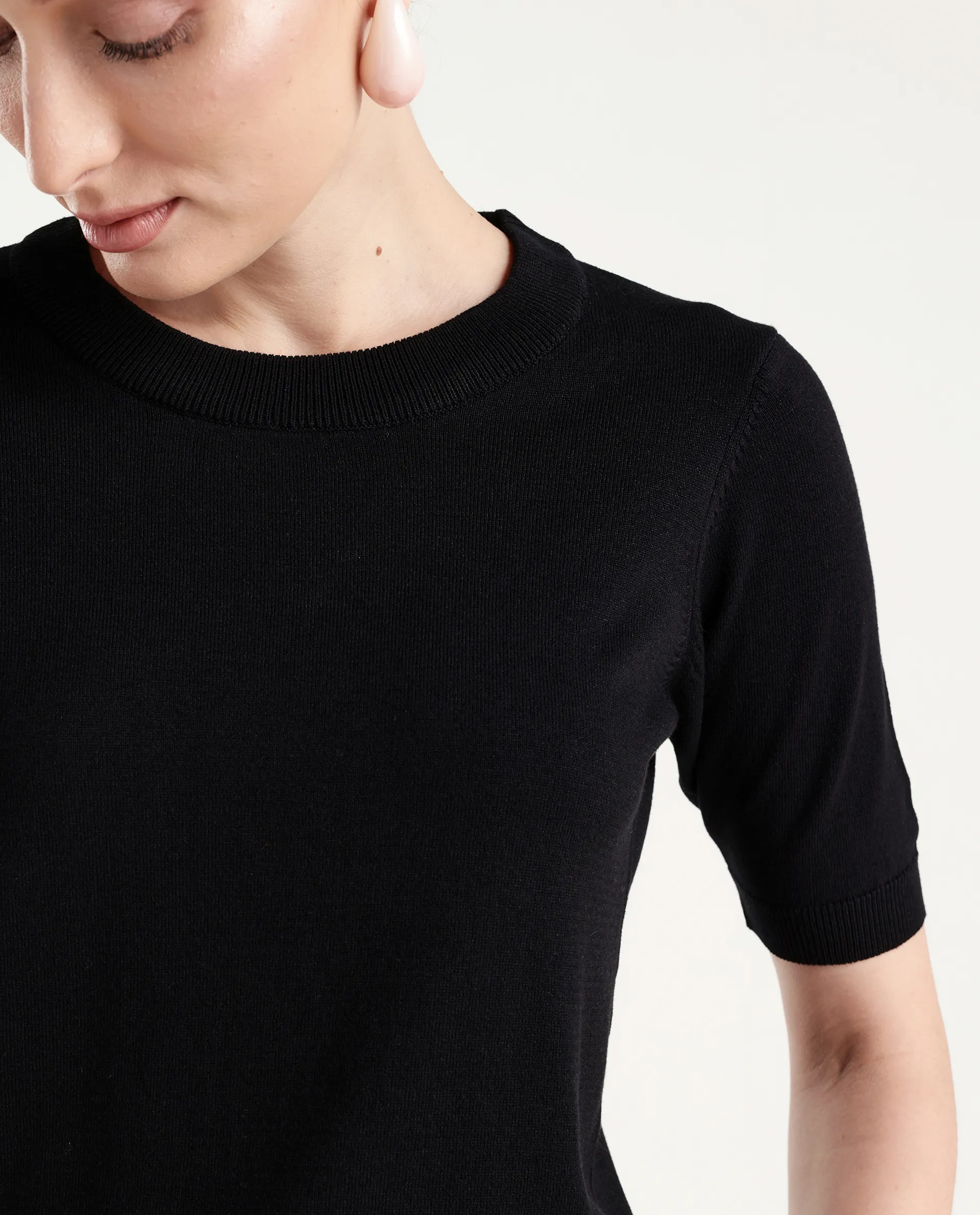 Rareism Women's Sohrdo Black Nylon Blend Half Sleeve Crew Neck Regular Fit Plain Top - Image 4