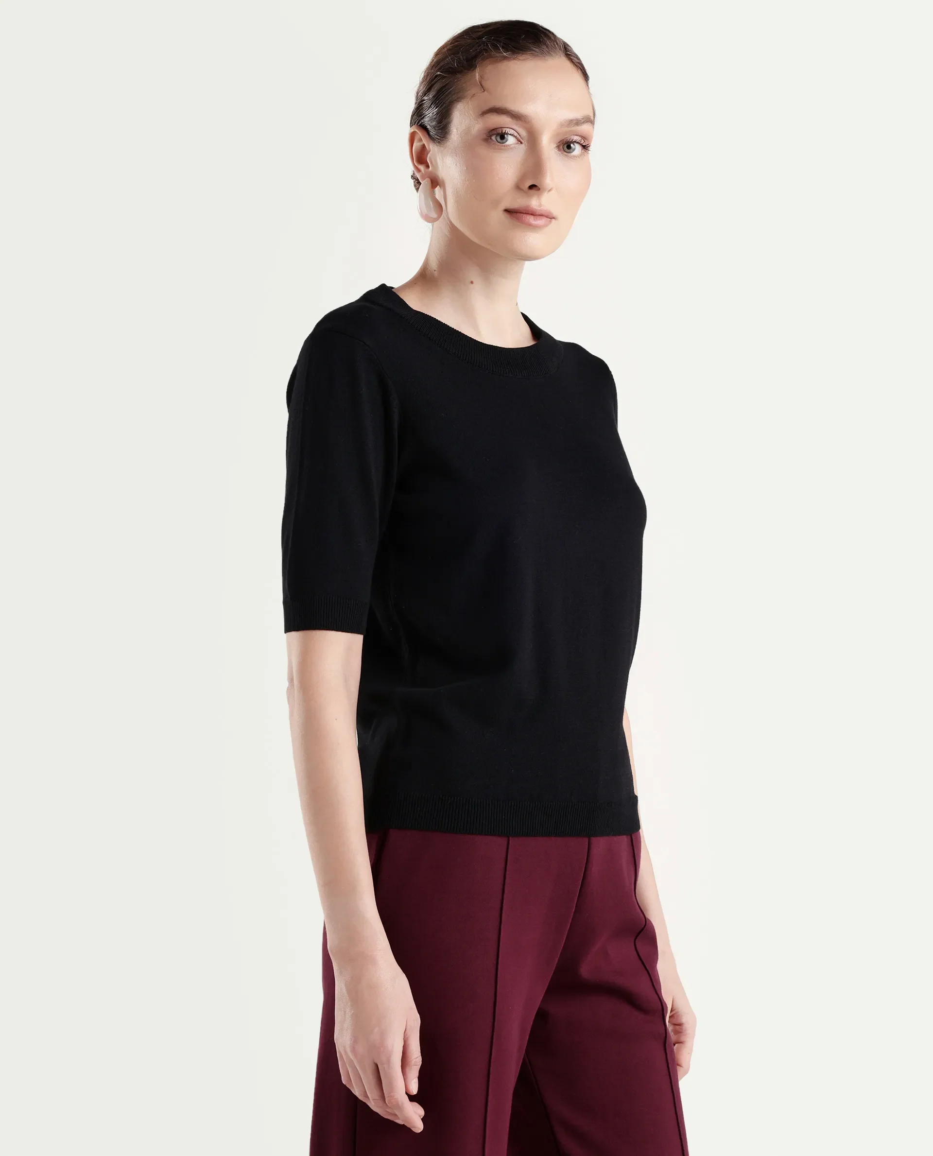 Rareism Women's Sohrdo Black Nylon Blend Half Sleeve Crew Neck Regular Fit Plain Top - Image 5