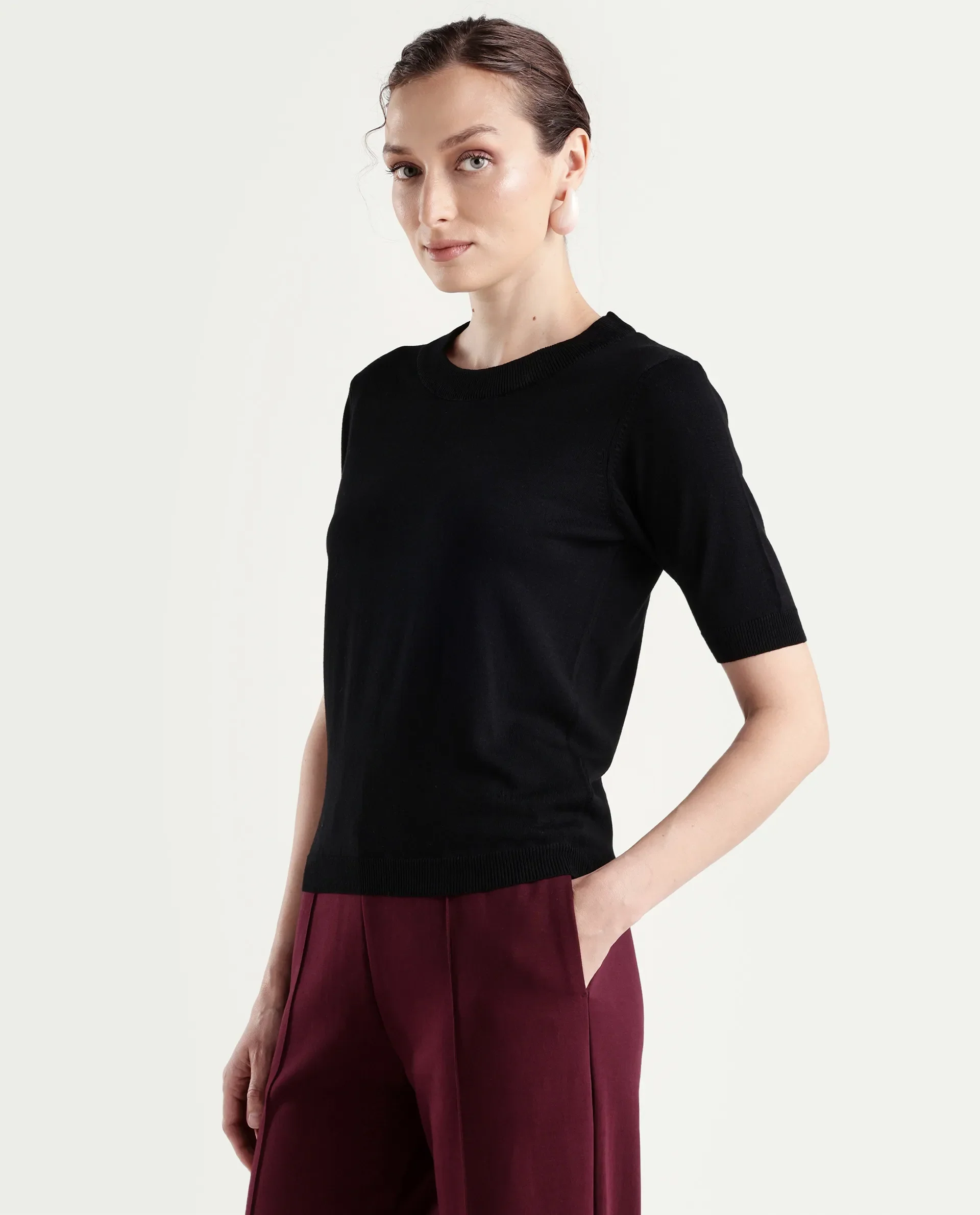 Rareism Women's Sohrdo Black Nylon Blend Half Sleeve Crew Neck Regular Fit Plain Top - Image 6