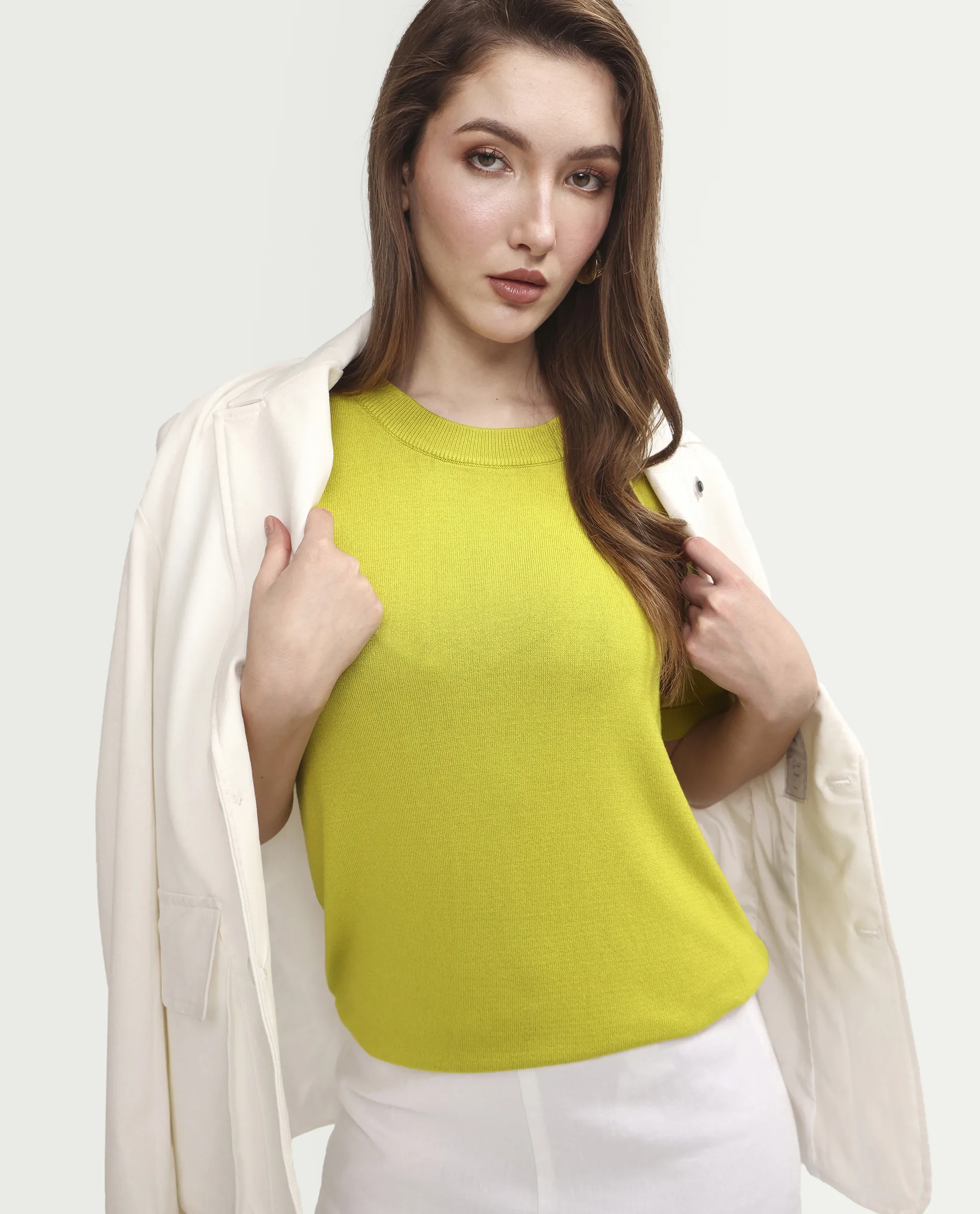 Rareism Women's Sohrdo Light Yellow Nylon Blend Half Sleeve Crew Neck Regular Fit Plain Top
