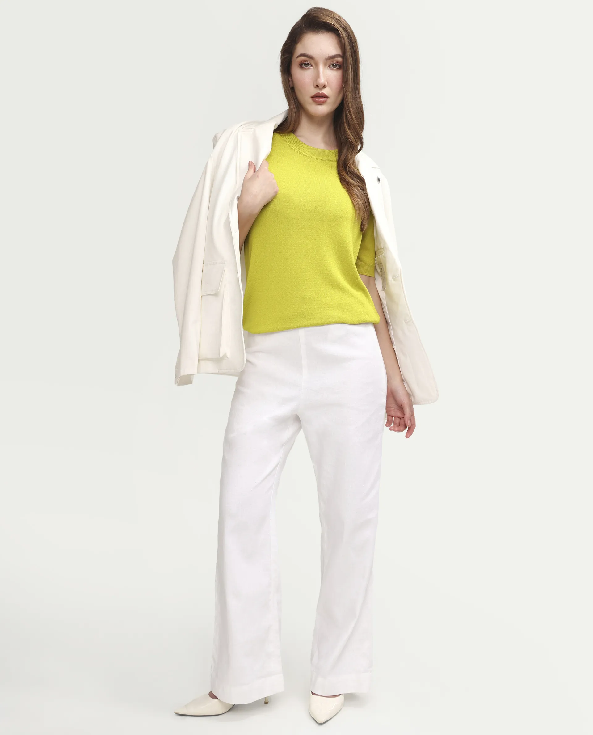 Rareism Women's Sohrdo Light Yellow Nylon Blend Half Sleeve Crew Neck Regular Fit Plain Top - Image 2