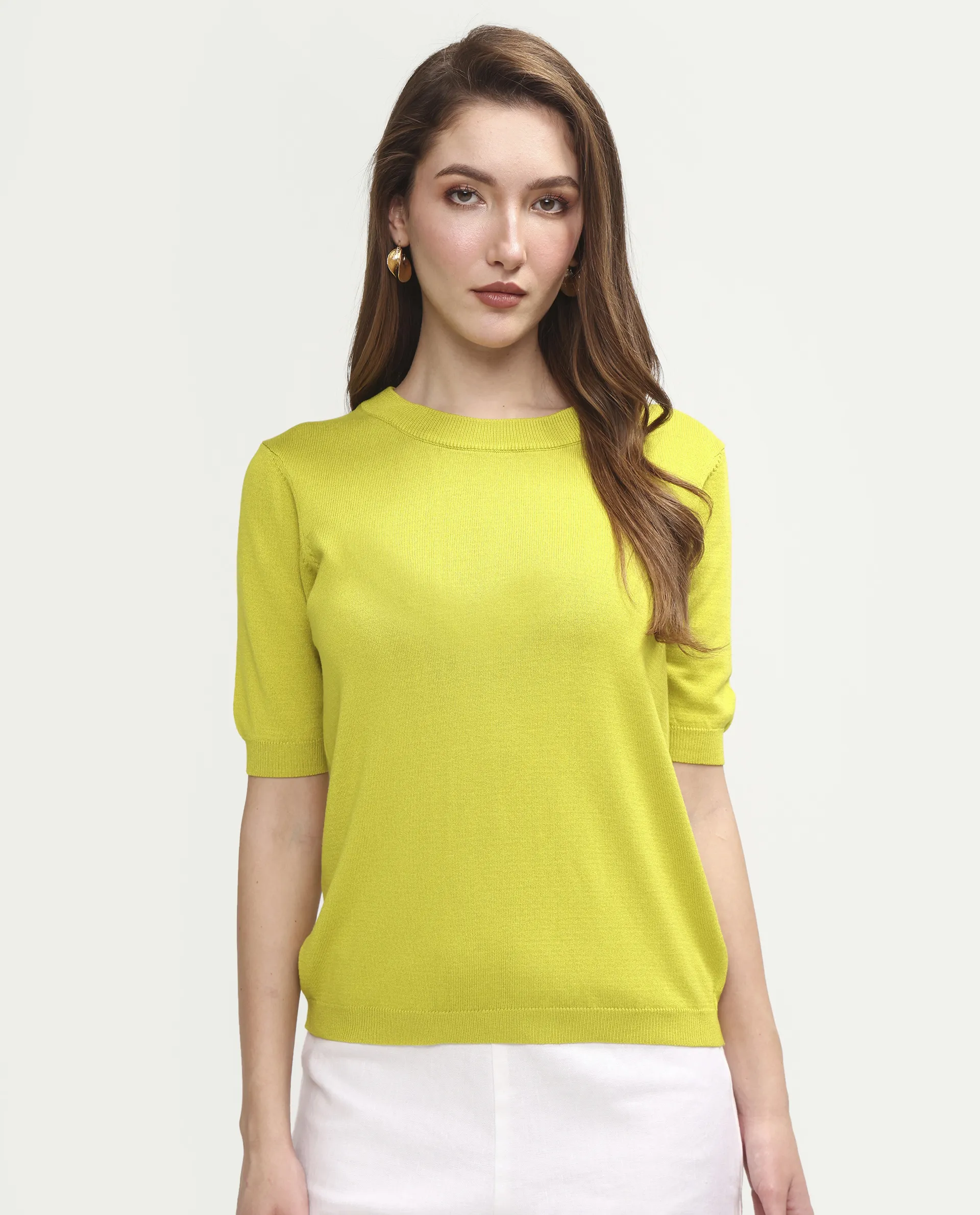Rareism Women's Sohrdo Light Yellow Nylon Blend Half Sleeve Crew Neck Regular Fit Plain Top - Image 3