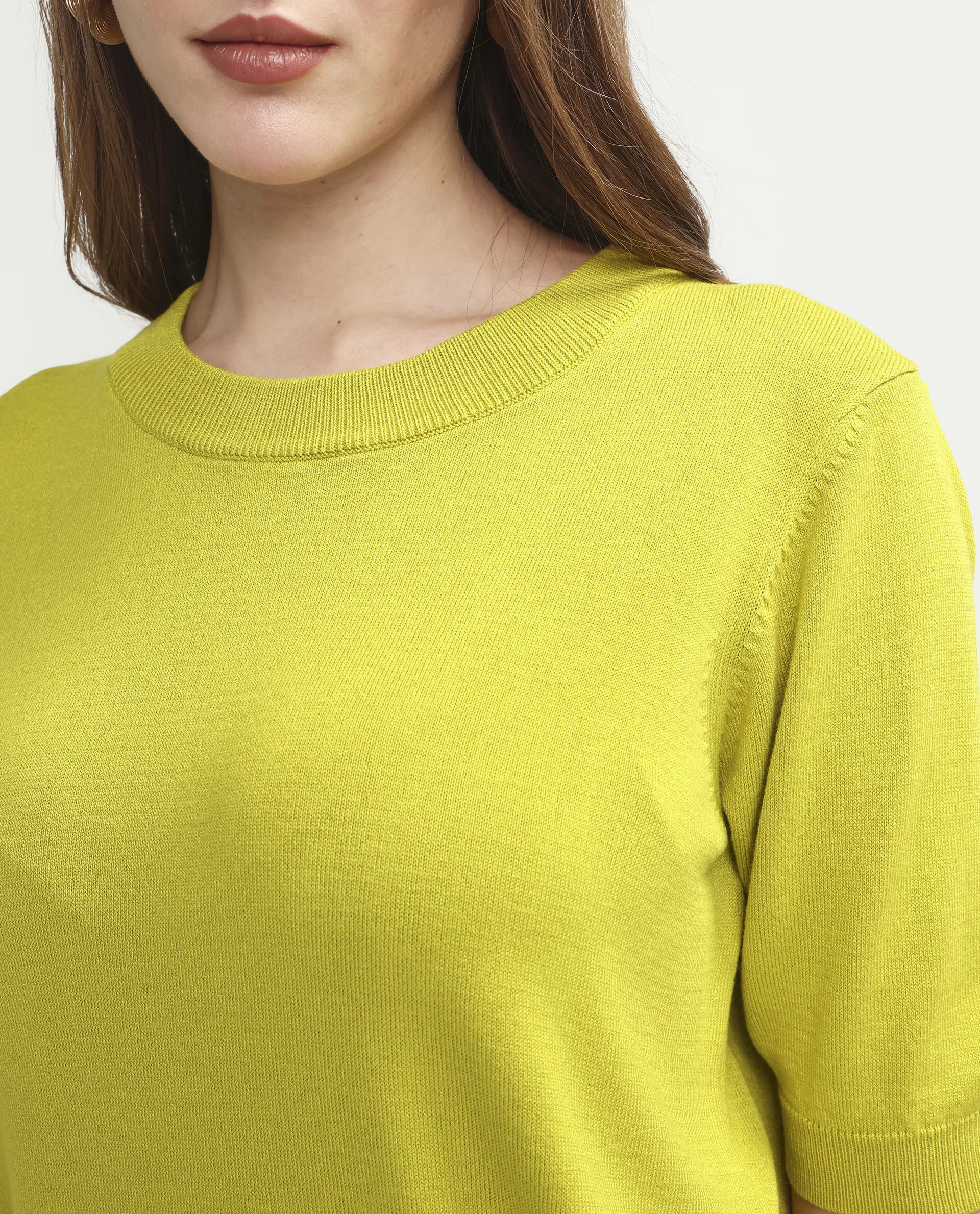Rareism Women's Sohrdo Light Yellow Nylon Blend Half Sleeve Crew Neck Regular Fit Plain Top - Image 4