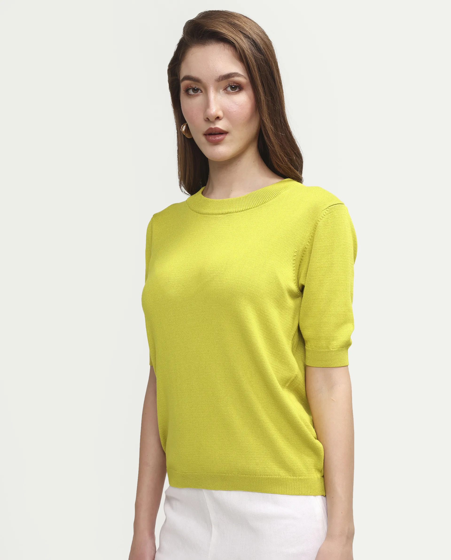 Rareism Women's Sohrdo Light Yellow Nylon Blend Half Sleeve Crew Neck Regular Fit Plain Top - Image 5