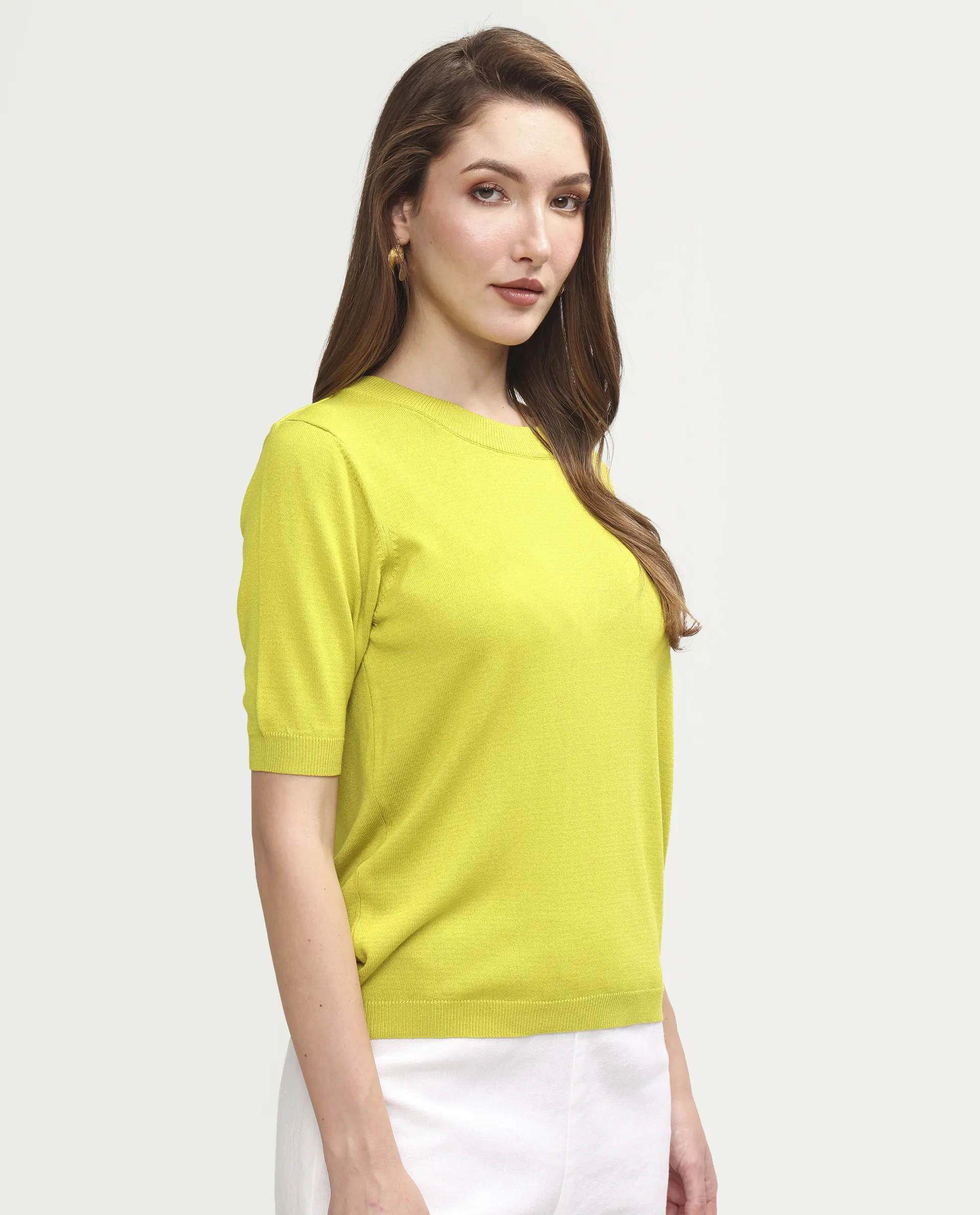 Rareism Women's Sohrdo Light Yellow Nylon Blend Half Sleeve Crew Neck Regular Fit Plain Top - Image 6