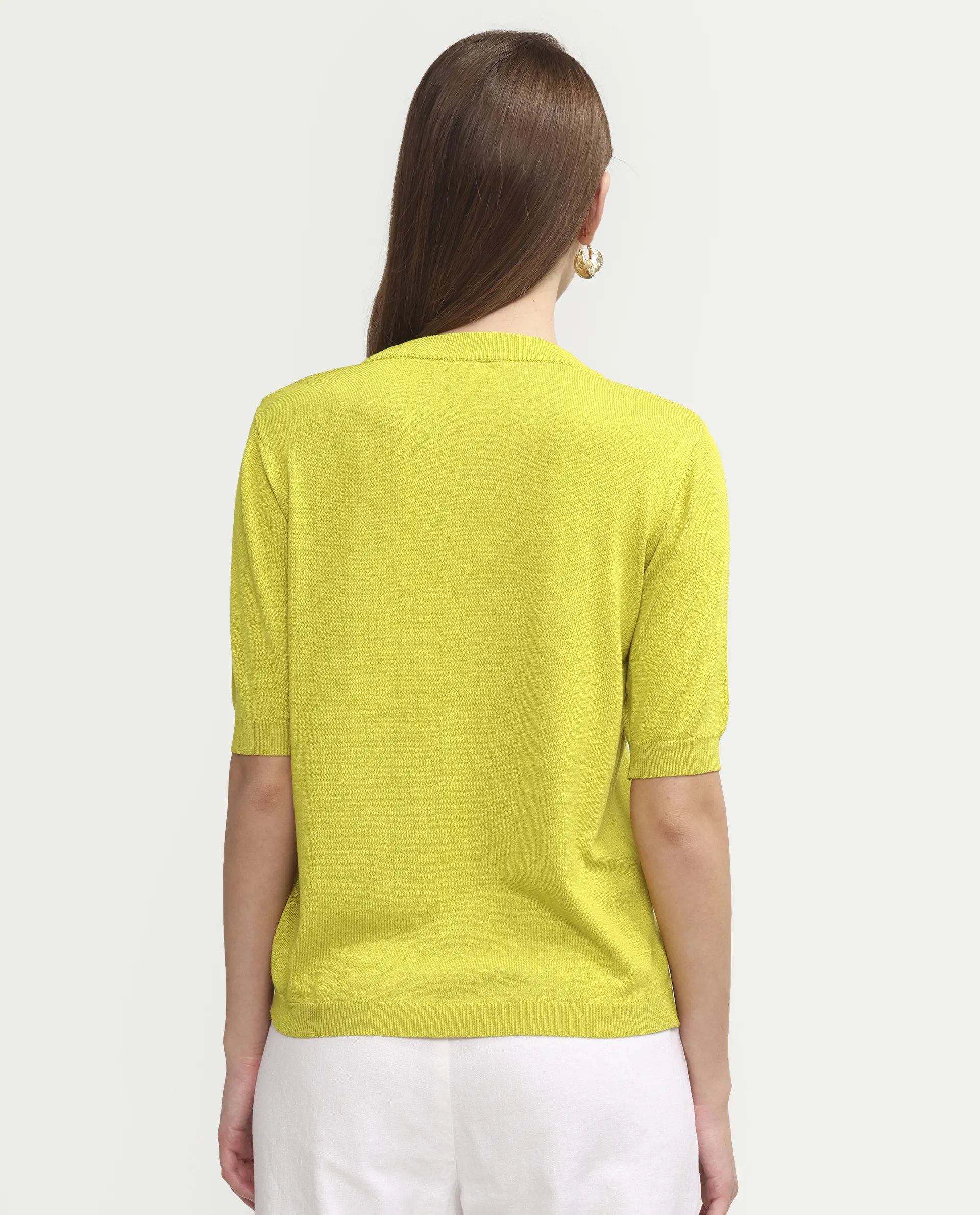 Rareism Women's Sohrdo Light Yellow Nylon Blend Half Sleeve Crew Neck Regular Fit Plain Top - Image 7