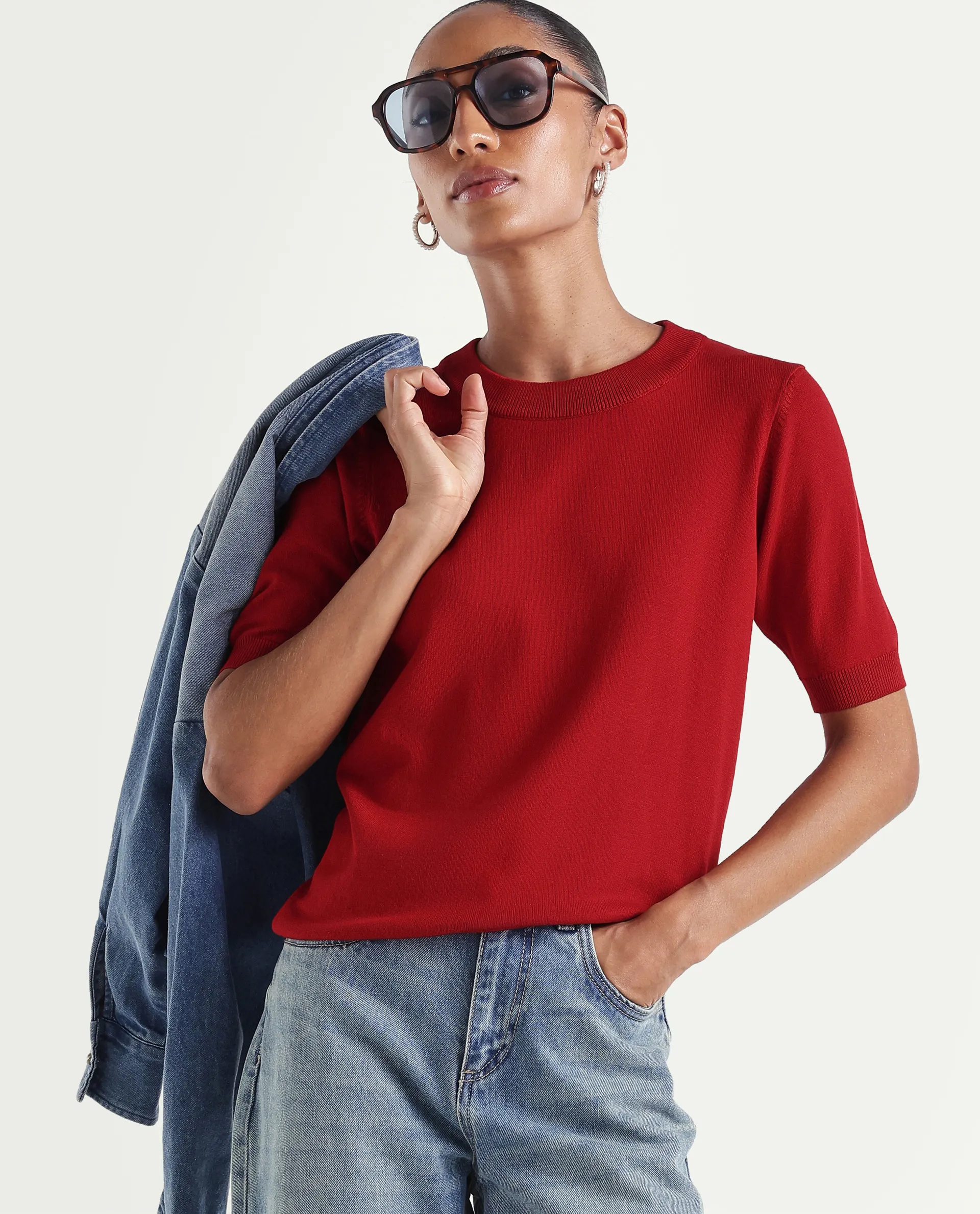 Rareism Women's Sohrdo Red Nylon Blend Half Sleeve Crew Neck Regular Fit Plain Top
