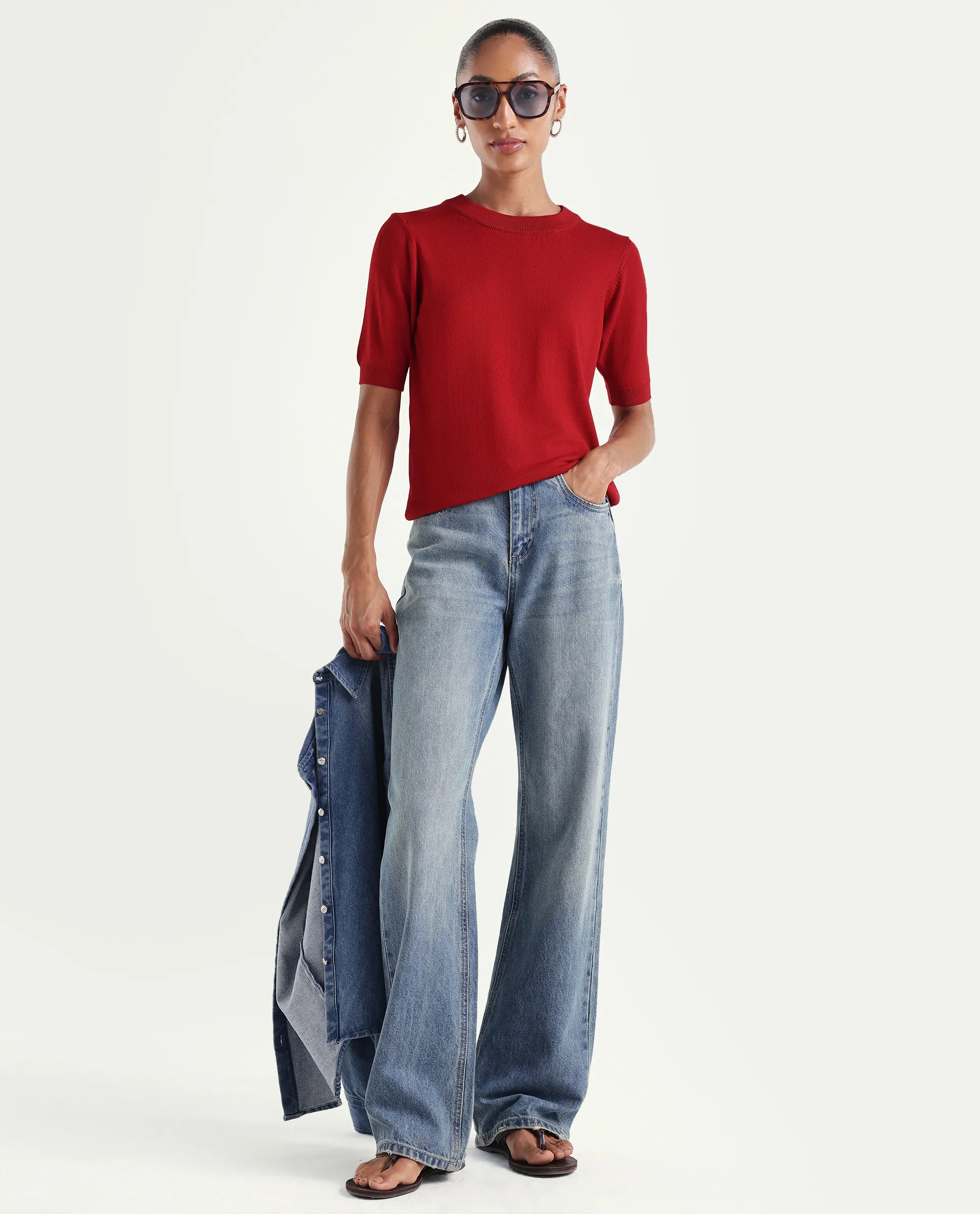 Rareism Women's Sohrdo Red Nylon Blend Half Sleeve Crew Neck Regular Fit Plain Top - Image 2