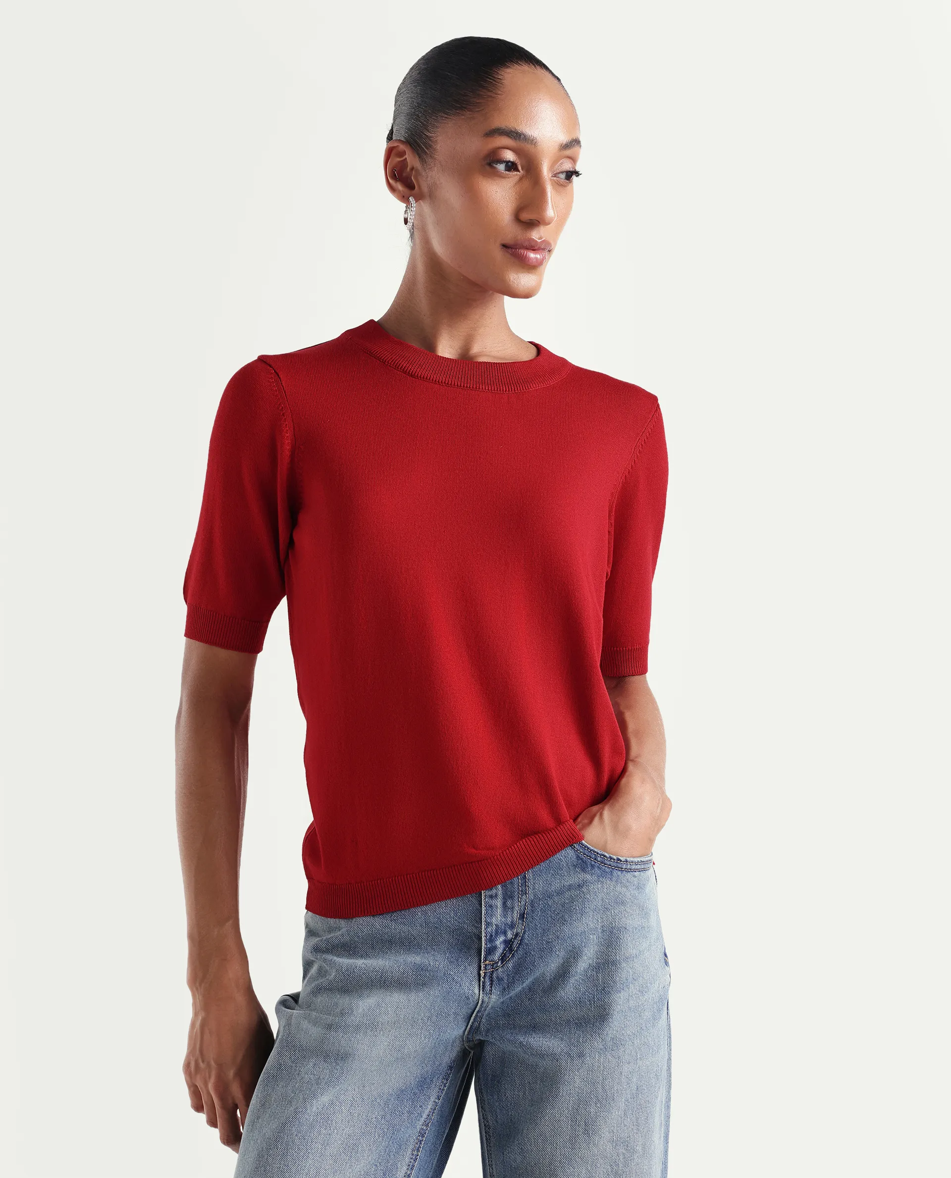 Rareism Women's Sohrdo Red Nylon Blend Half Sleeve Crew Neck Regular Fit Plain Top - Image 3