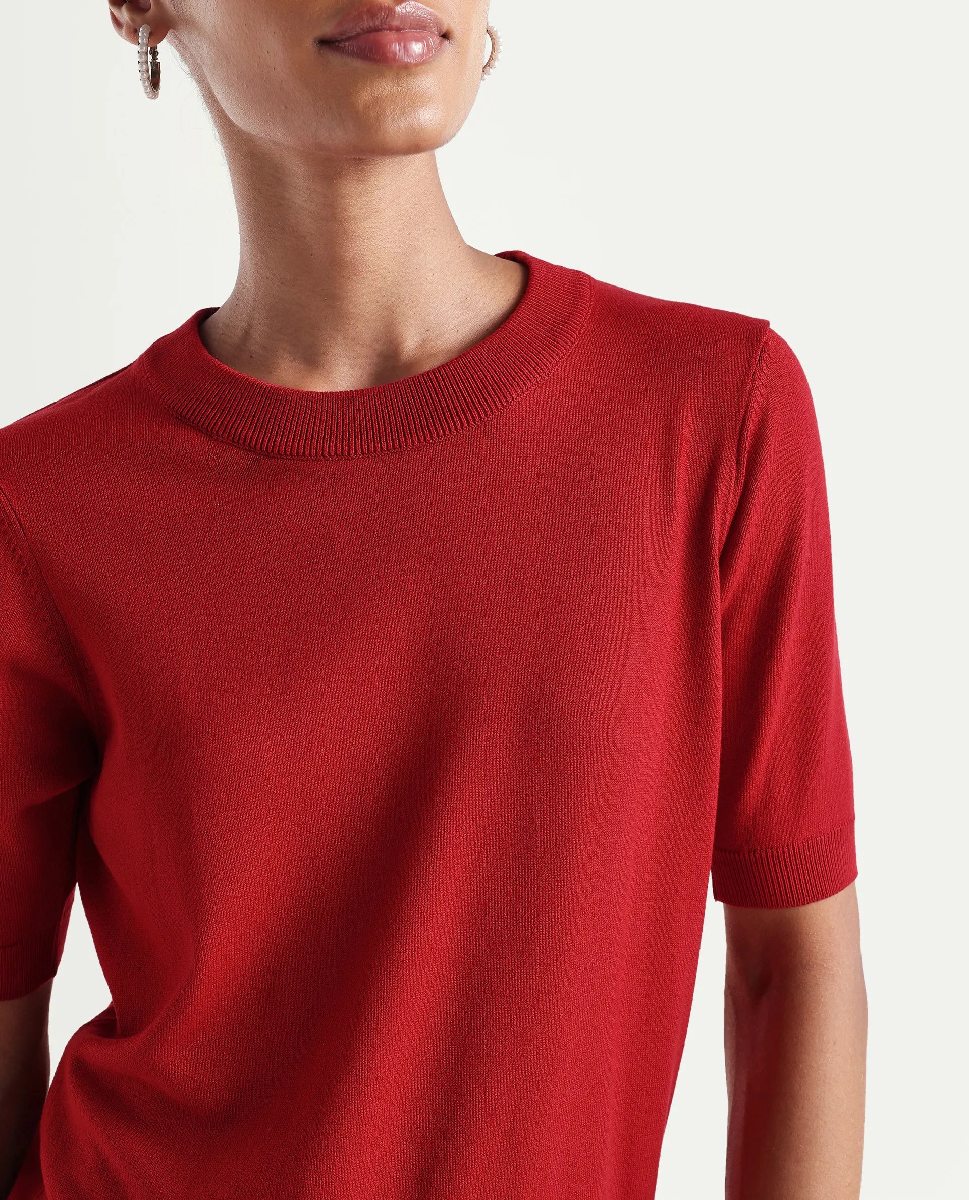 Rareism Women's Sohrdo Red Nylon Blend Half Sleeve Crew Neck Regular Fit Plain Top - Image 4