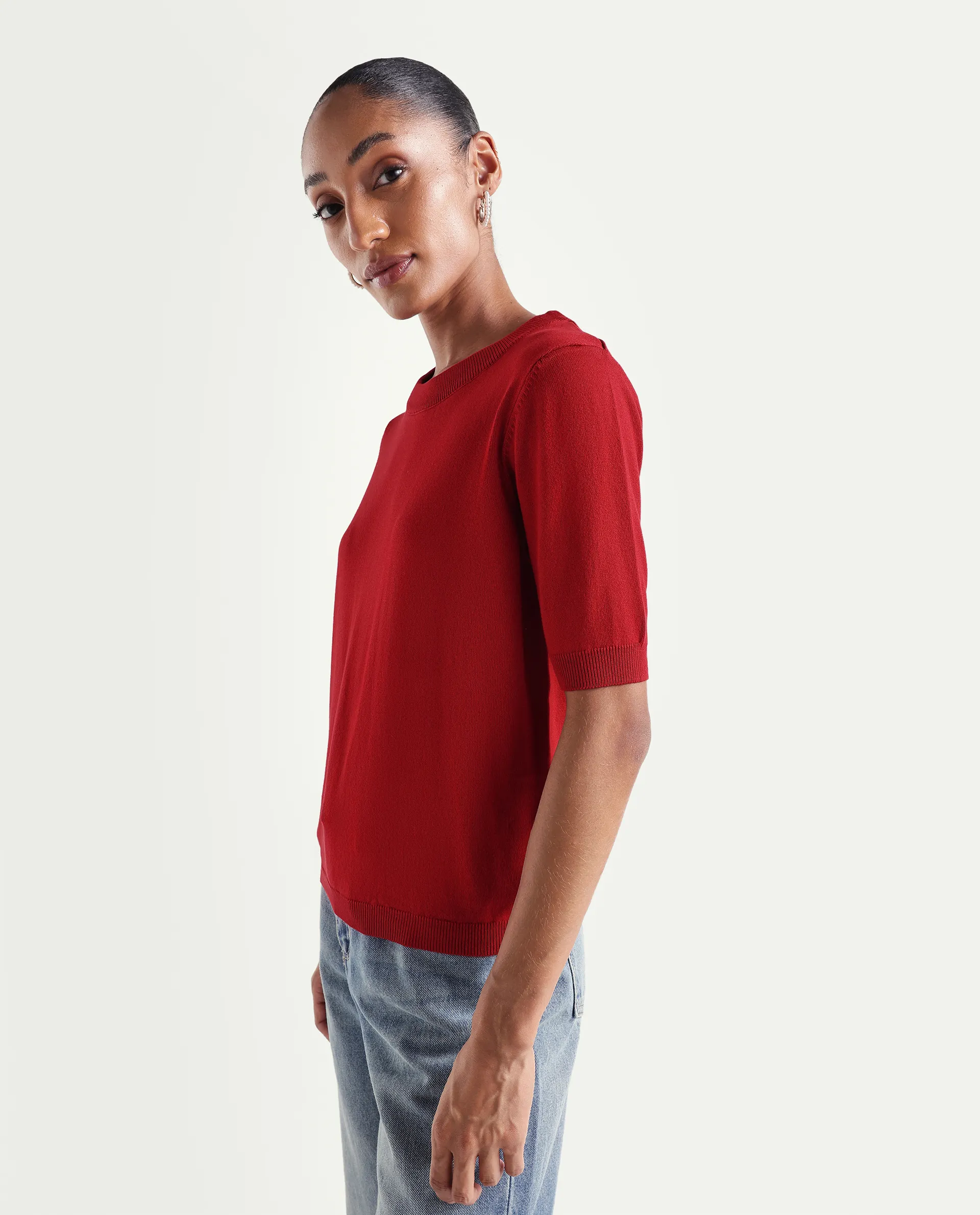 Rareism Women's Sohrdo Red Nylon Blend Half Sleeve Crew Neck Regular Fit Plain Top - Image 5