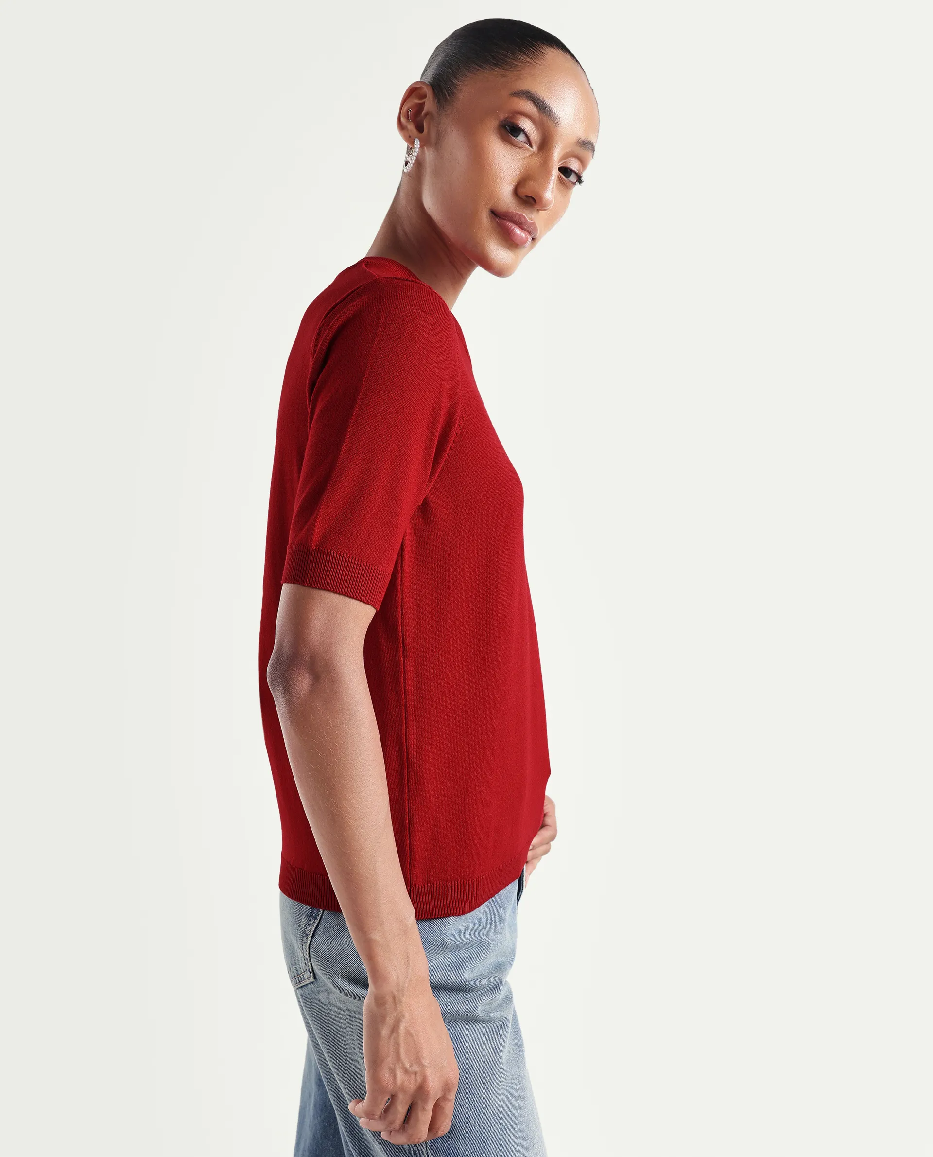 Rareism Women's Sohrdo Red Nylon Blend Half Sleeve Crew Neck Regular Fit Plain Top - Image 6