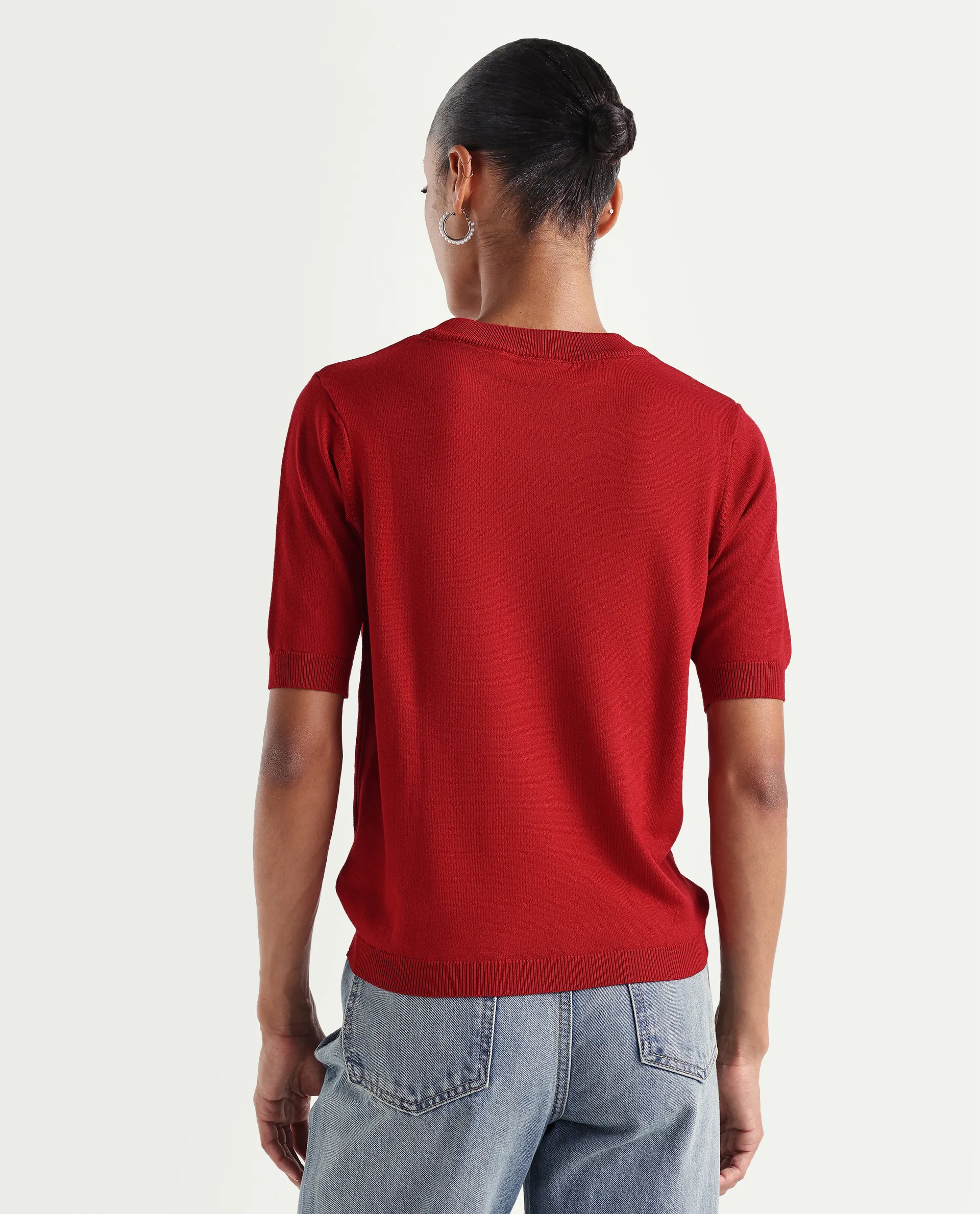 Rareism Women's Sohrdo Red Nylon Blend Half Sleeve Crew Neck Regular Fit Plain Top - Image 7