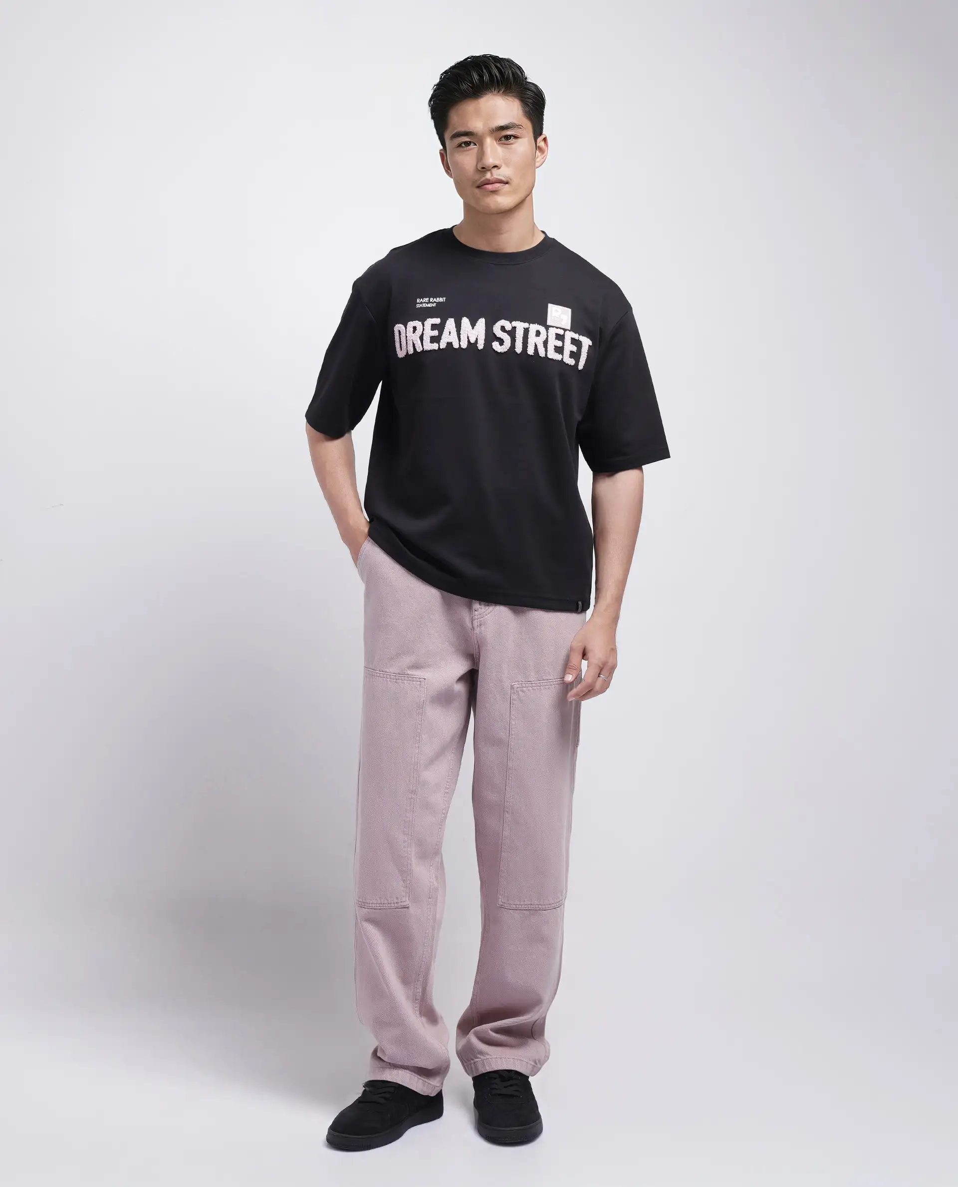 Rare Rabbit Men's Soin Black Cotton Graphic Print Oversized Fit Half Sleeve Crew Neck T-Shirt - Image 3
