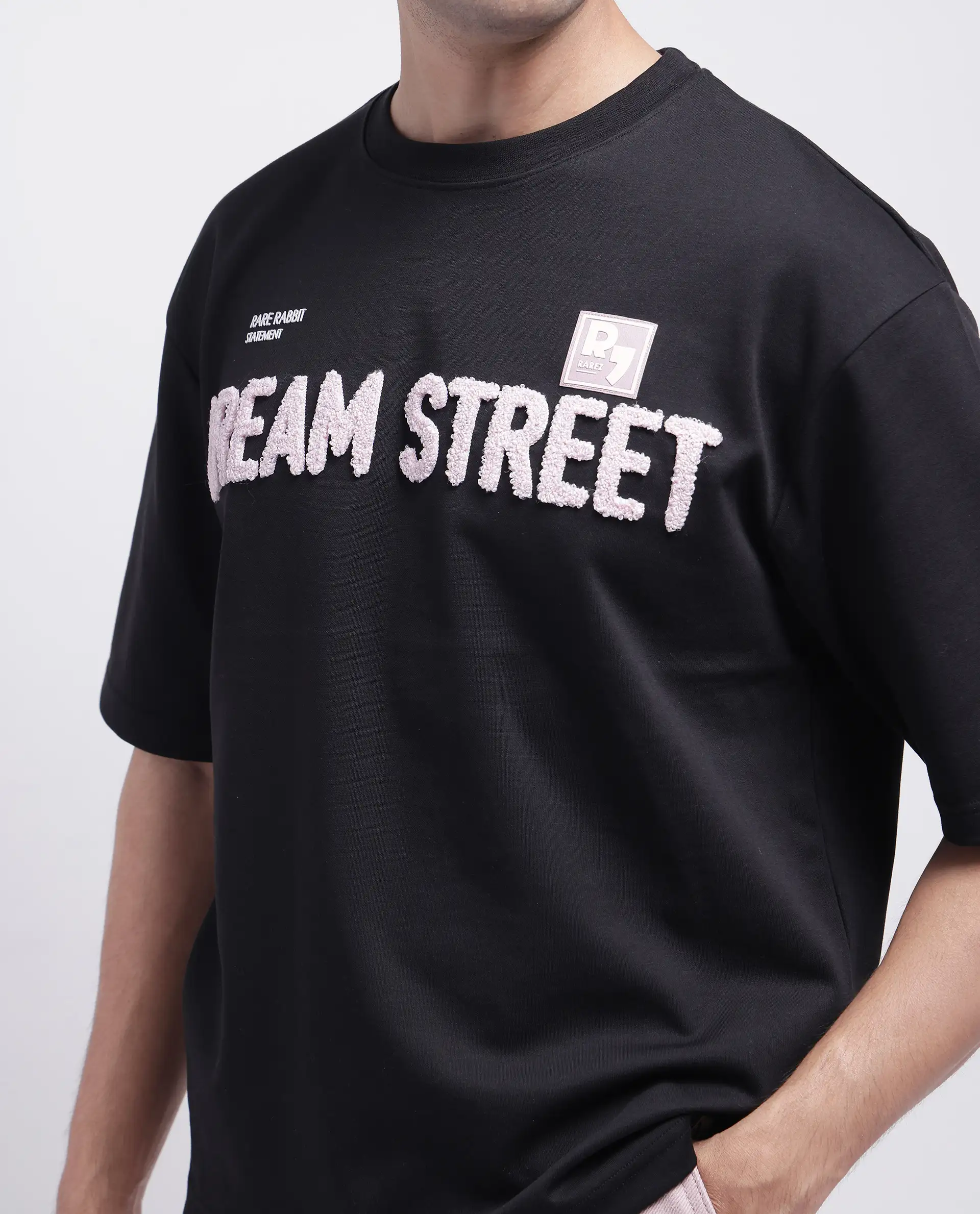 Rare Rabbit Men's Soin Black Cotton Graphic Print Oversized Fit Half Sleeve Crew Neck T-Shirt - Image 4