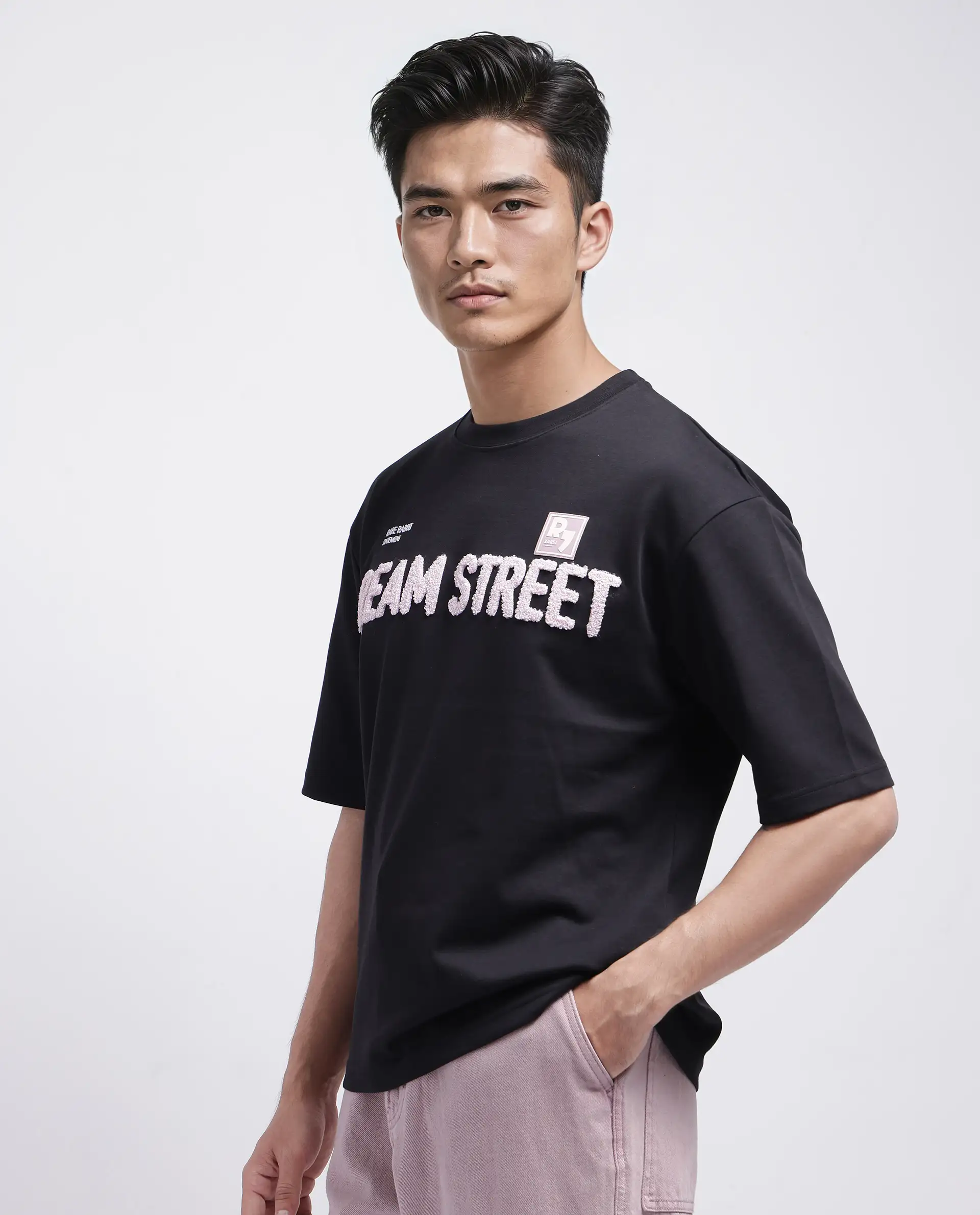 Rare Rabbit Men's Soin Black Cotton Graphic Print Oversized Fit Half Sleeve Crew Neck T-Shirt - Image 7