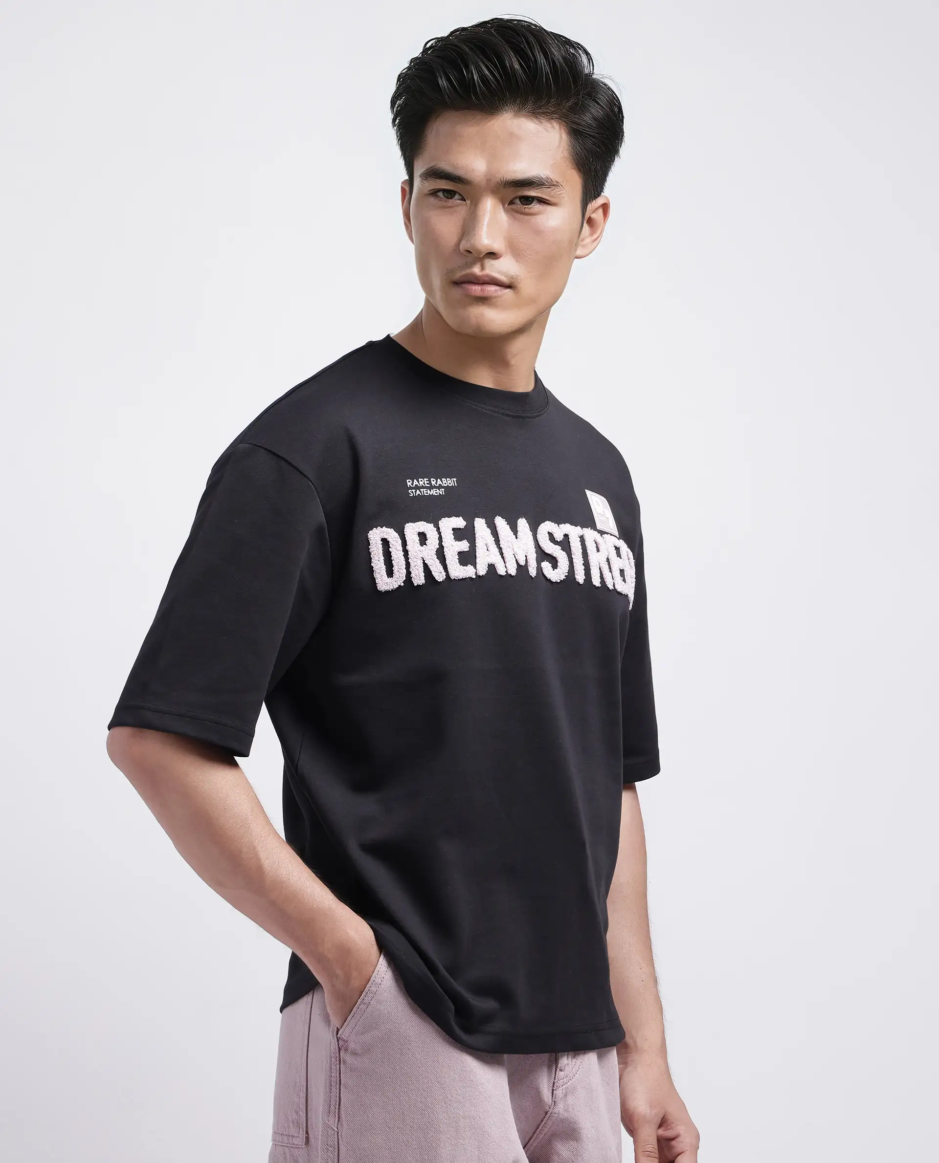 Rare Rabbit Men's Soin Black Cotton Graphic Print Oversized Fit Half Sleeve Crew Neck T-Shirt - Image 8