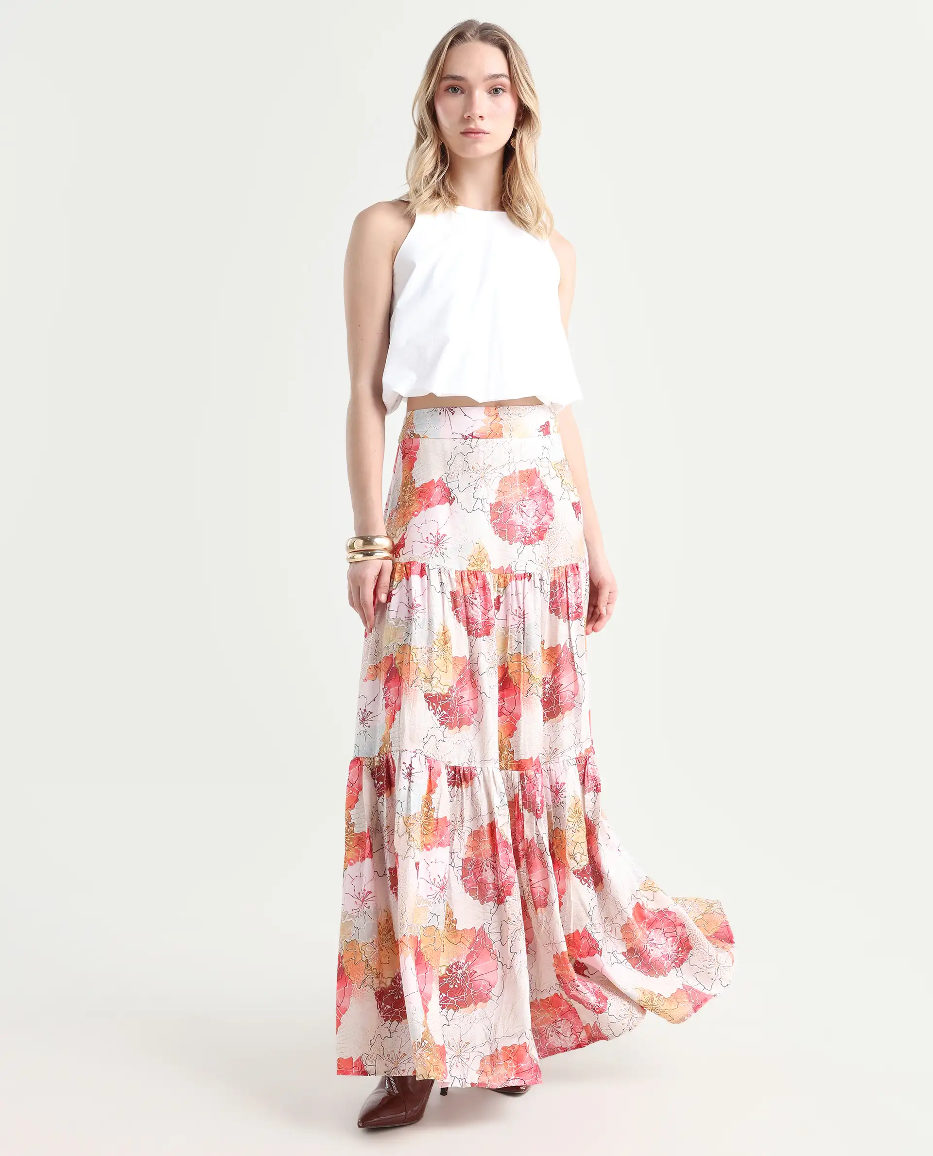Rareism Women's Solan Multi Viscose Blend Floral Print Maxi Flared Skirt
